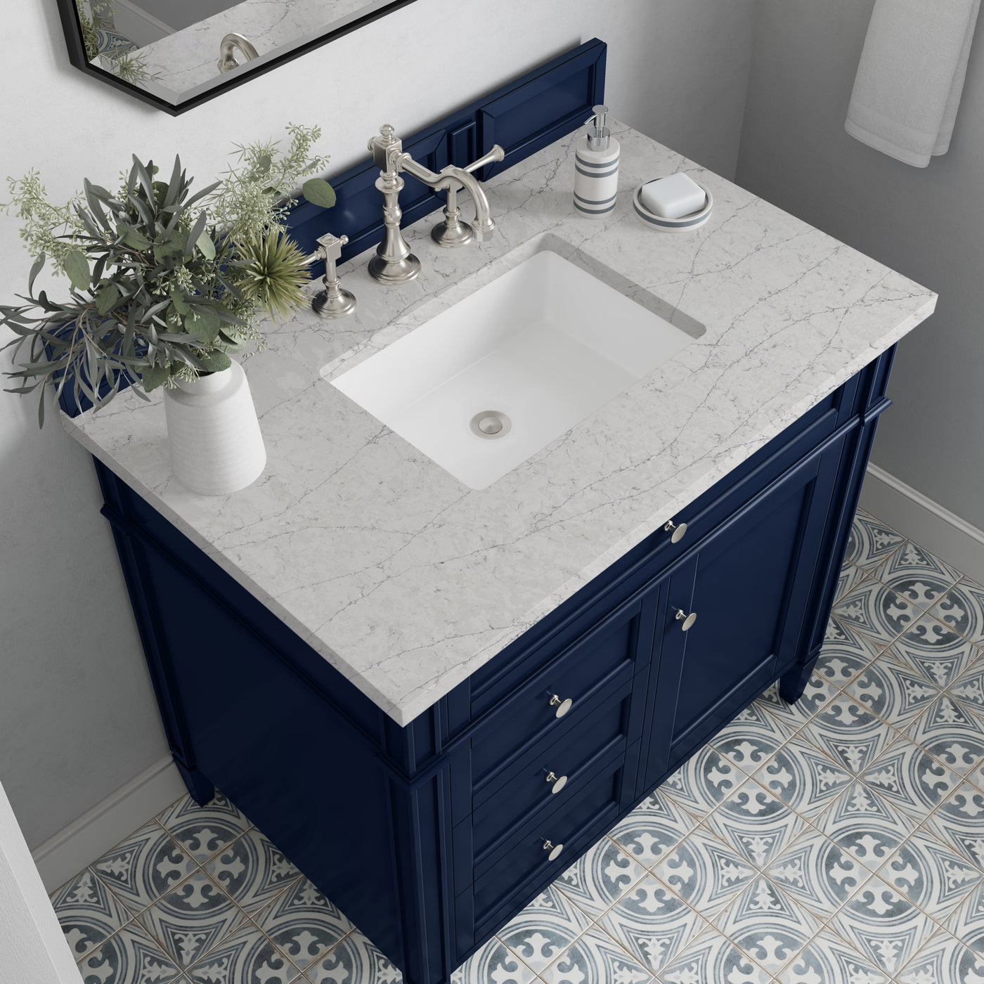 James Martin Brittany 36" Single Bathroom Vanity, Victory Blue with Eternal Jasmine Pearl countertop