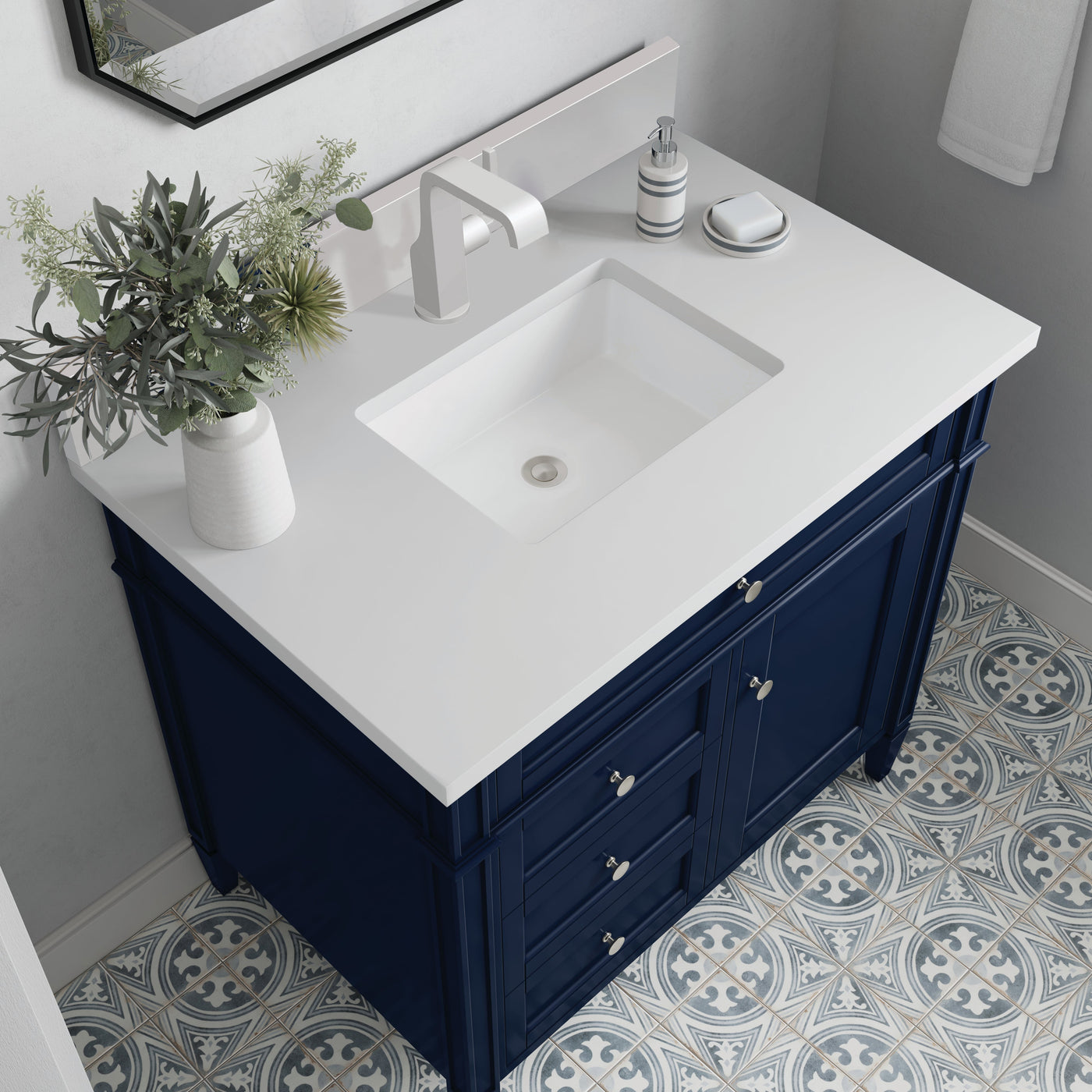 James Martin Brittany 36" Single Bathroom Vanity, Victory Blue with White Zeus (Single Hole, with Backsplash) countertop