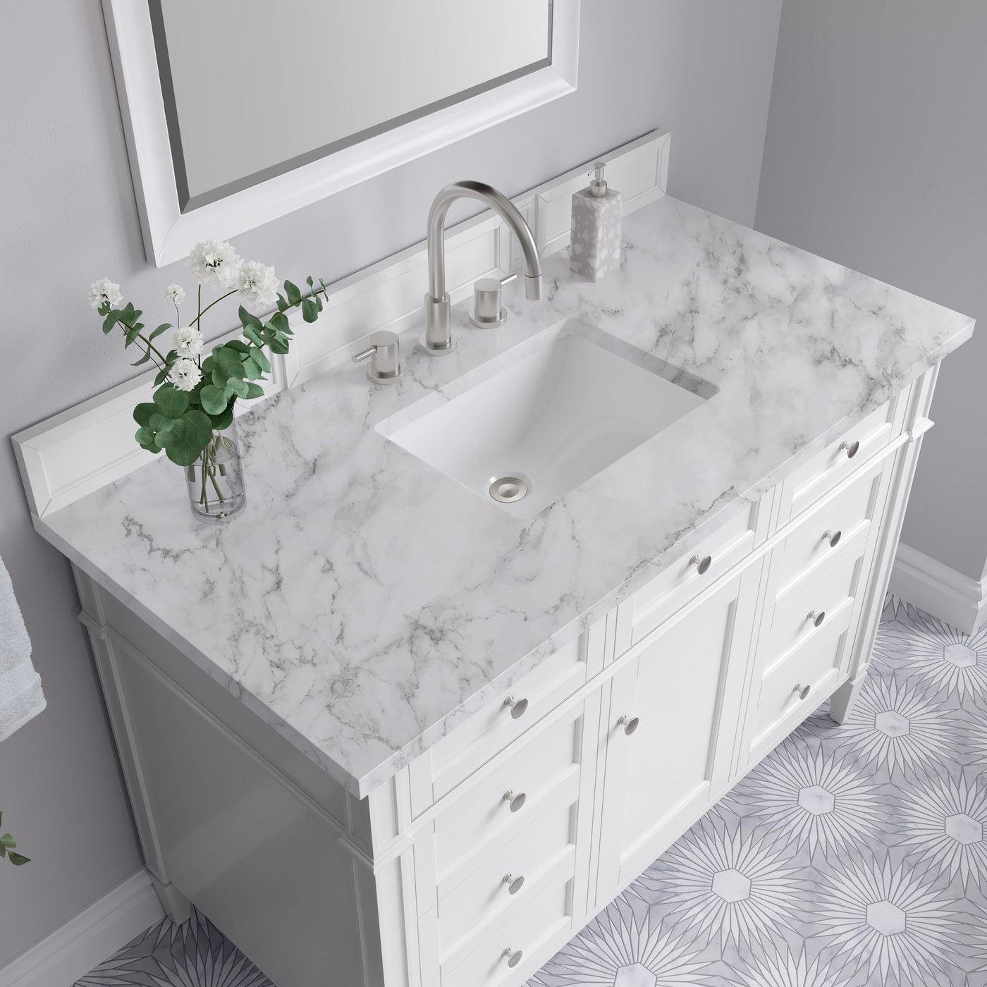 James Martin Brittany 48" Single Bathroom Vanity, Bright White with Carrara White countertop