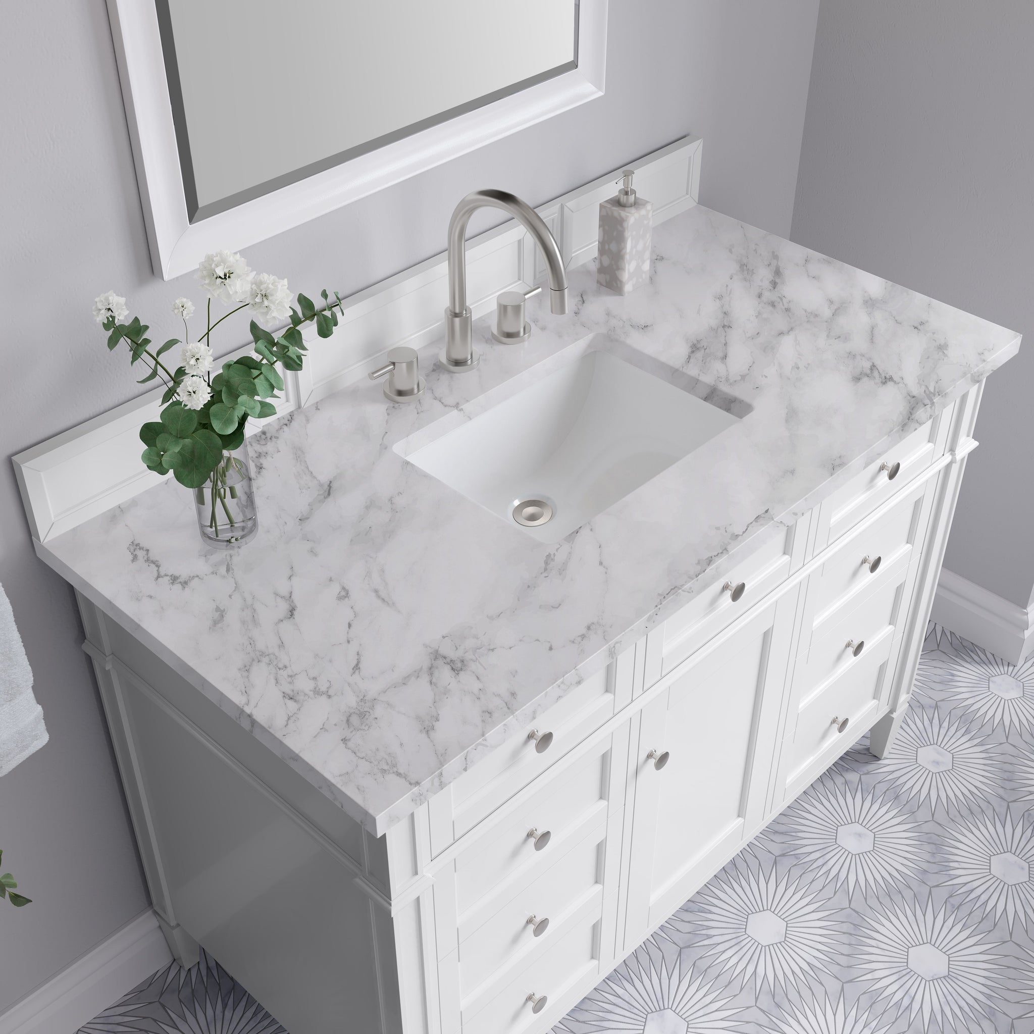 James Martin Brittany 48" Single Bathroom Vanity, Bright White with Carrara White countertop