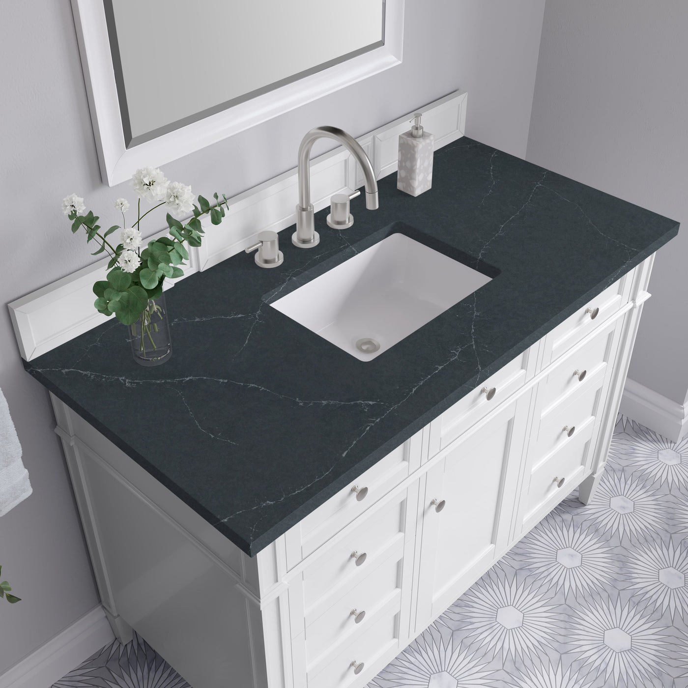 James Martin Brittany 48" Single Bathroom Vanity, Bright White with Charcoal Soapstone countertop