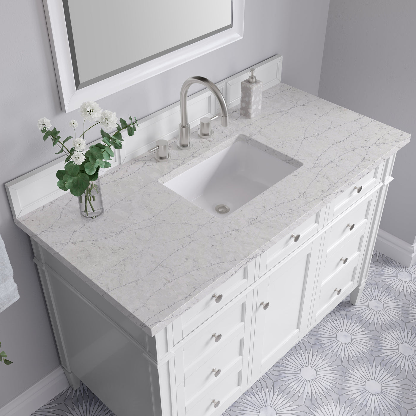 James Martin Brittany 48" Single Bathroom Vanity, Bright White with Eternal Jasmine Pearl countertop