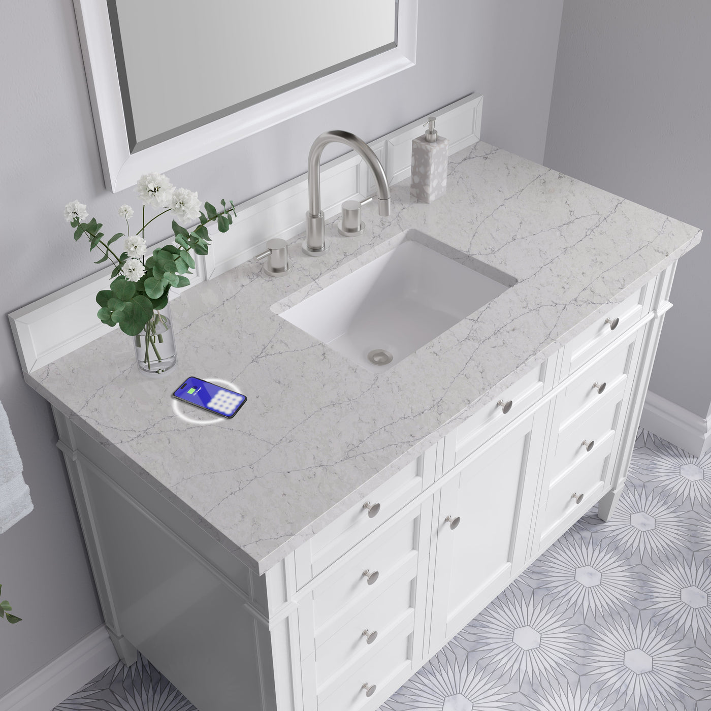 James Martin Brittany 48" Single Bathroom Vanity, Bright White with Eternal Jasmine Pearl (FreePower) countertop