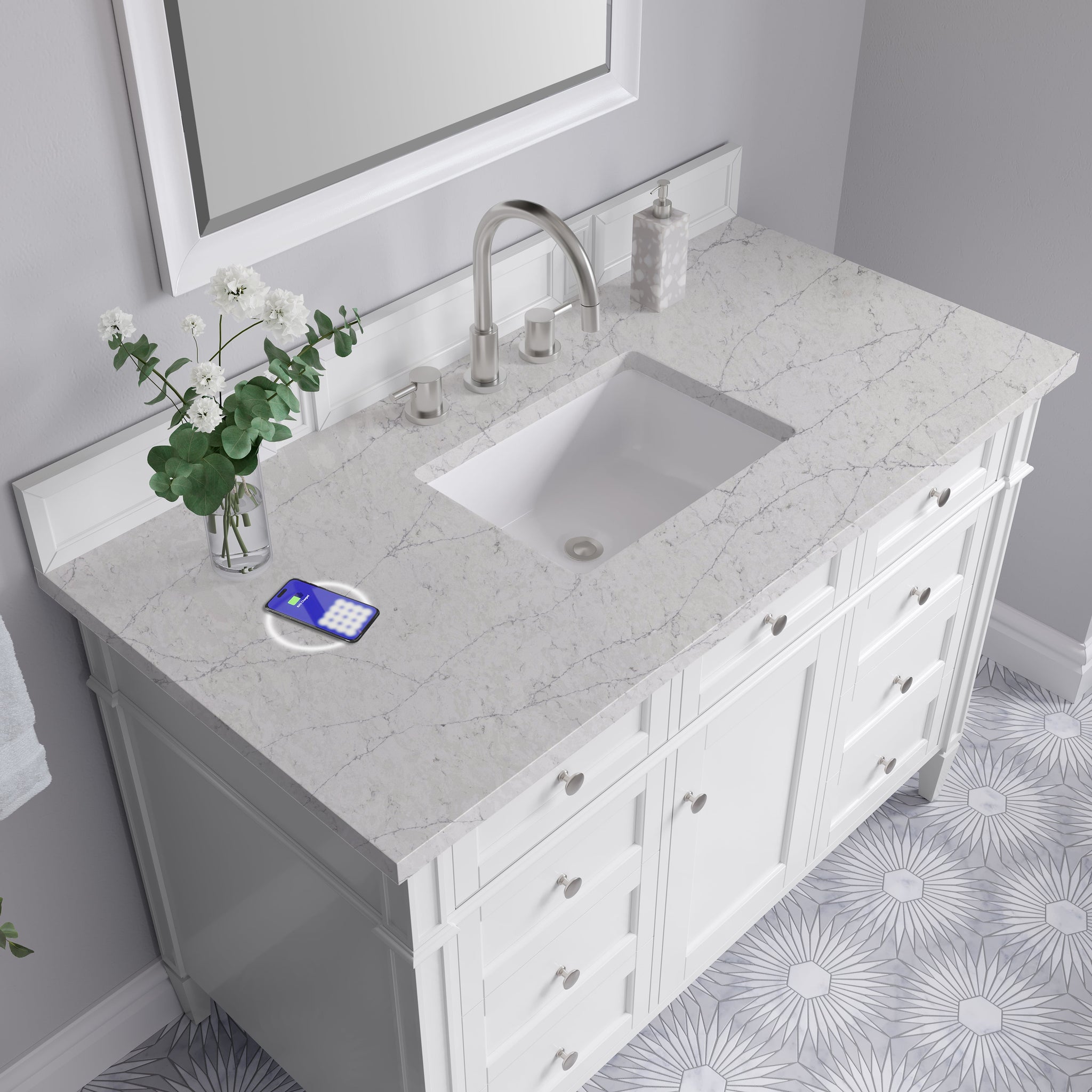 James Martin Brittany 48" Single Bathroom Vanity, Bright White with Eternal Jasmine Pearl (FreePower) countertop