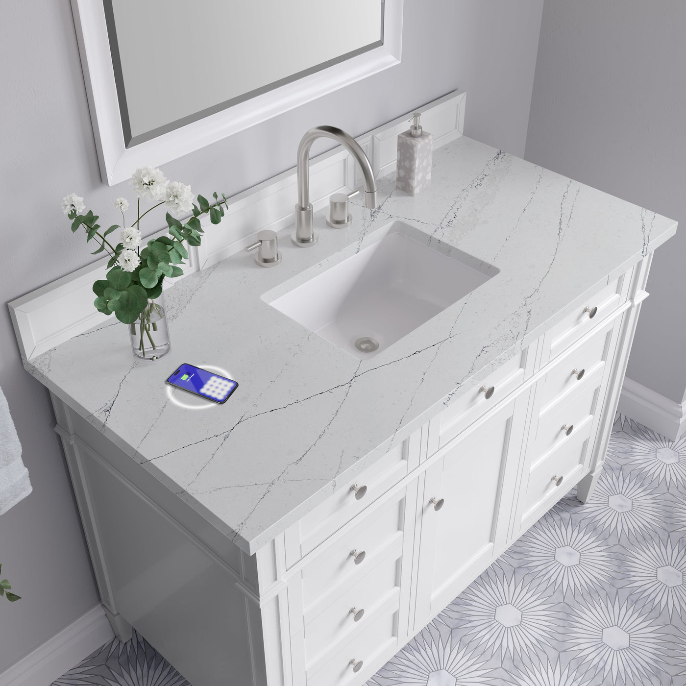 James Martin Brittany 48" Single Bathroom Vanity, Bright White with Ethereal Noctis (FreePower) countertop