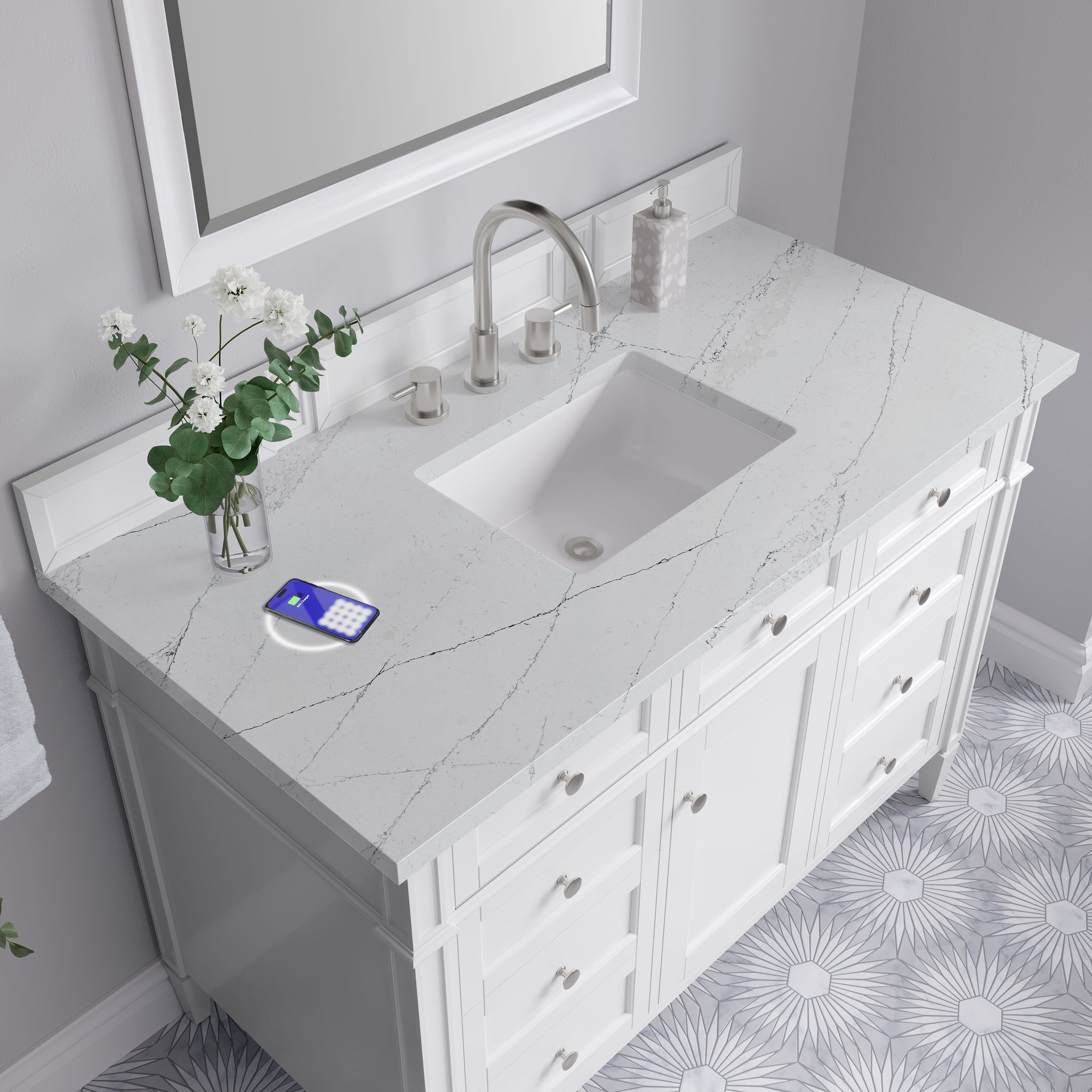 James Martin Brittany 48" Single Bathroom Vanity, Bright White with Ethereal Noctis (FreePower) countertop
