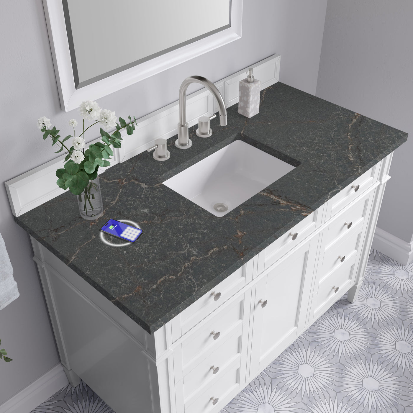 James Martin Brittany 48" Single Bathroom Vanity, Bright White with Parisien Bleu (FreePower) countertop