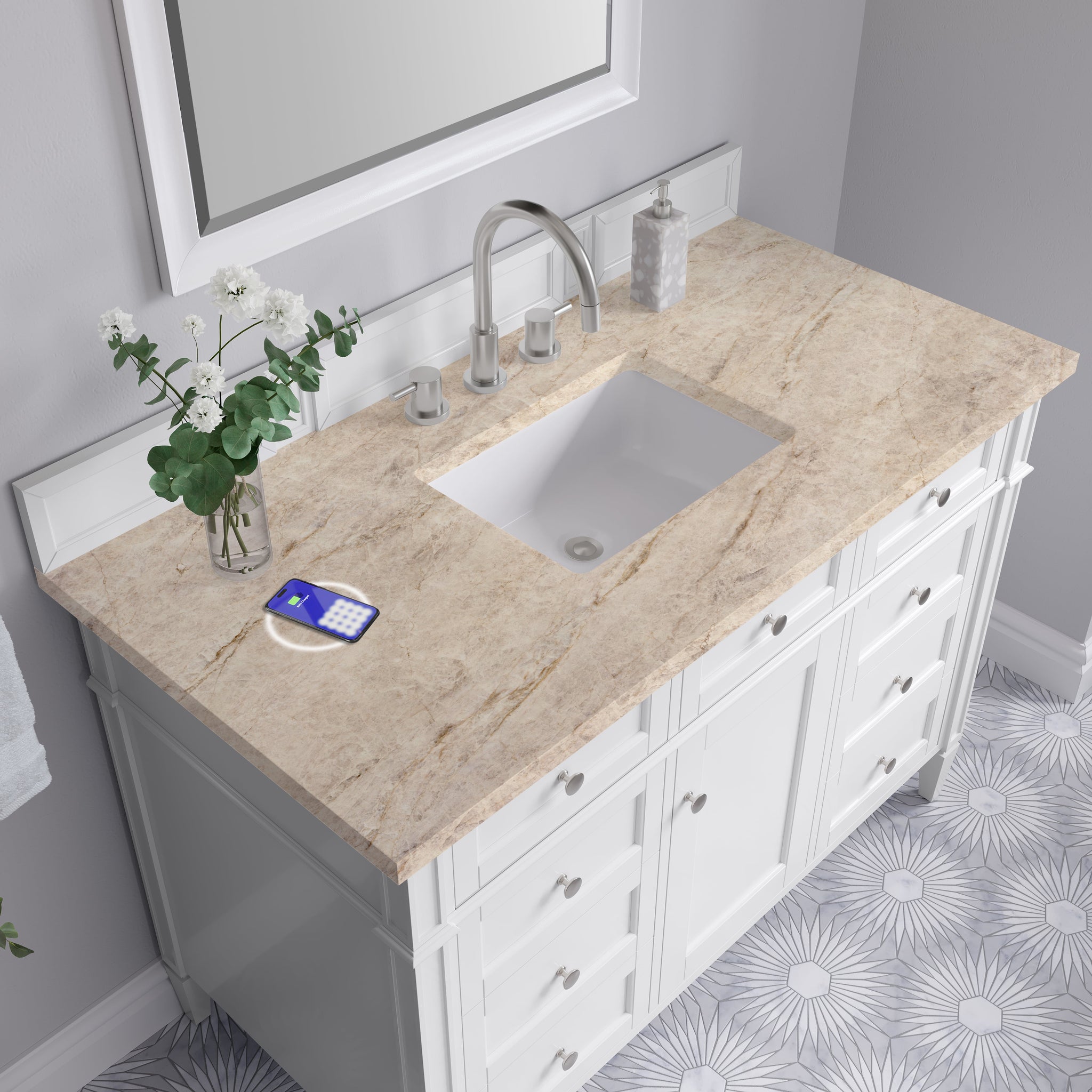 James Martin Brittany 48" Single Bathroom Vanity, Bright White with Tajnar (FreePower) countertop