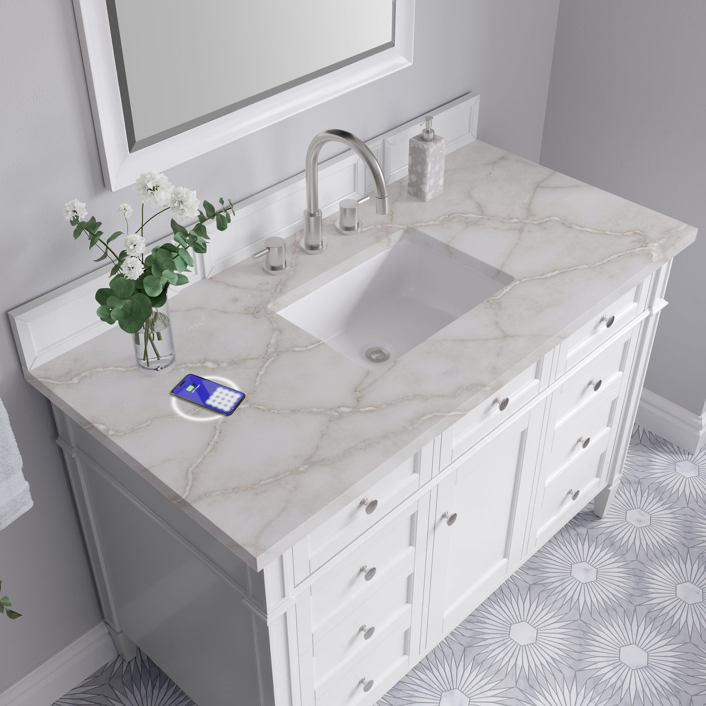 James Martin Brittany 48" Single Bathroom Vanity, Bright White with Siberian (FreePower) countertop