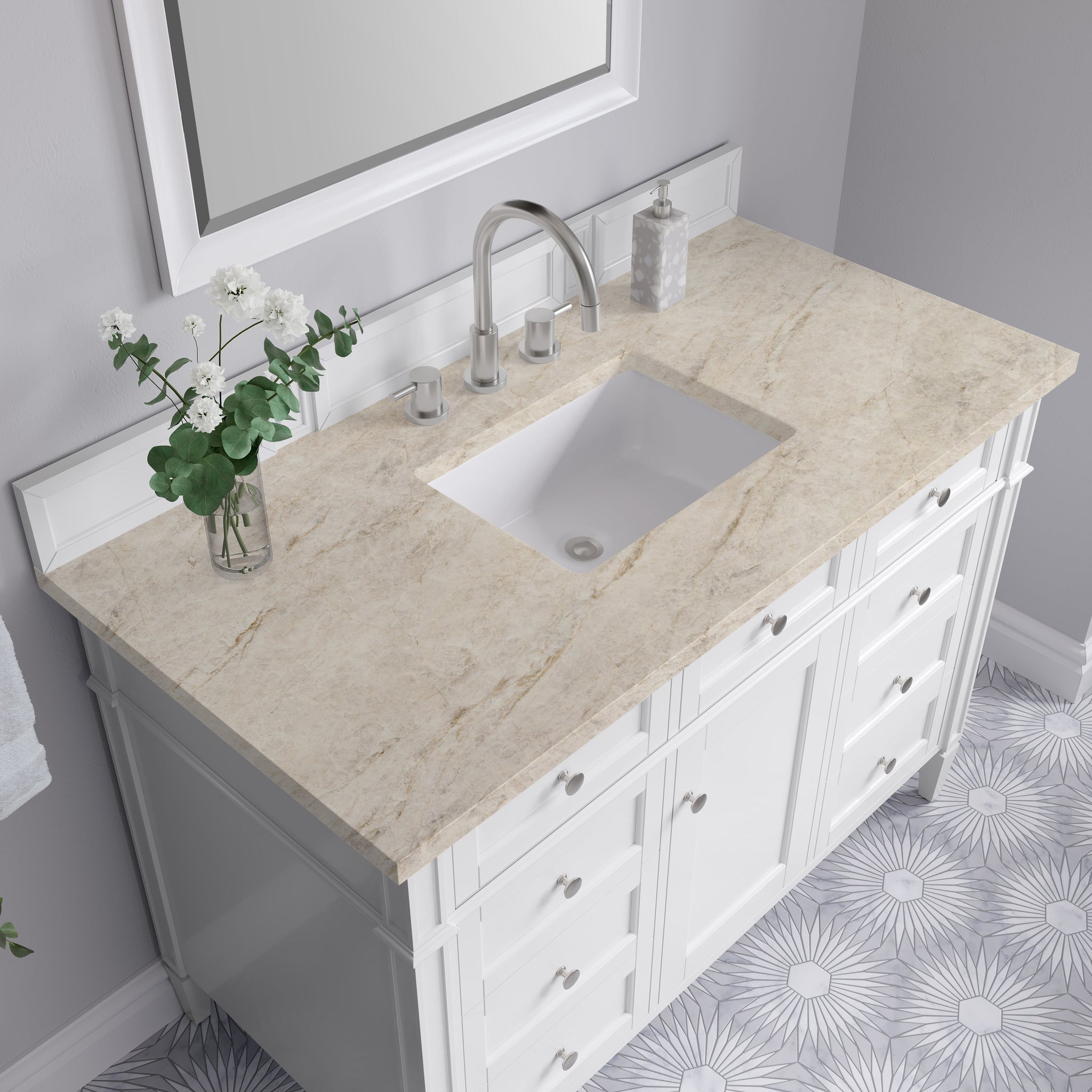 James Martin Brittany 48" Single Bathroom Vanity, Bright White with Tajnar countertop