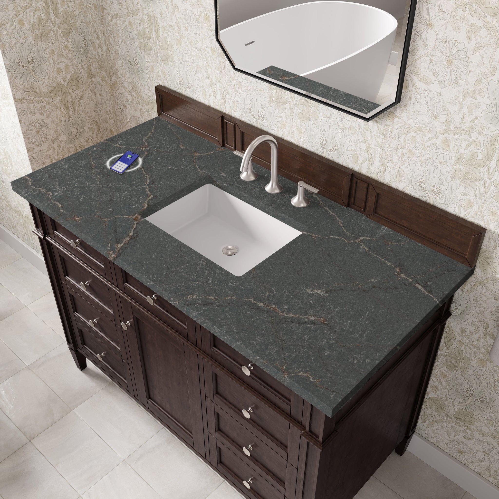 James Martin Brittany 48" Single Bathroom Vanity, Burnished Mahogany with Parisien Bleu (FreePower) countertop