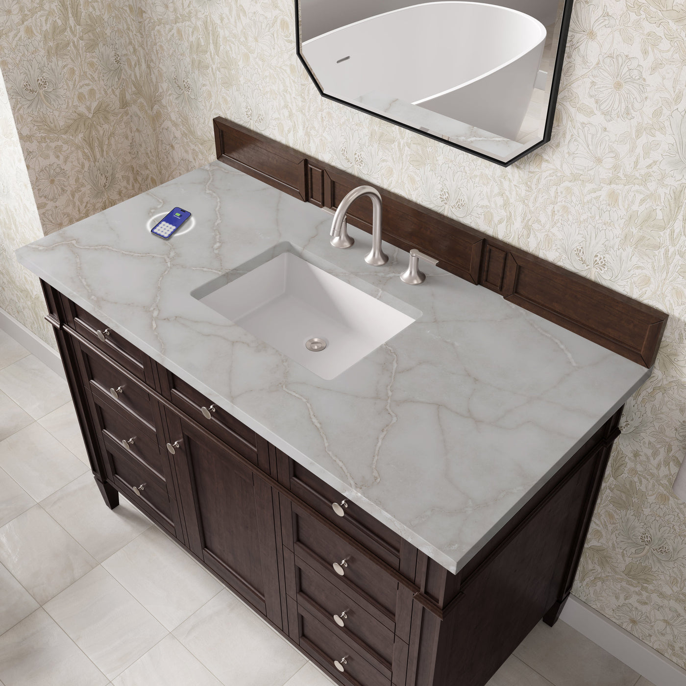 James Martin Brittany 48" Single Bathroom Vanity, Burnished Mahogany with Victorian Silver (FreePower) countertop