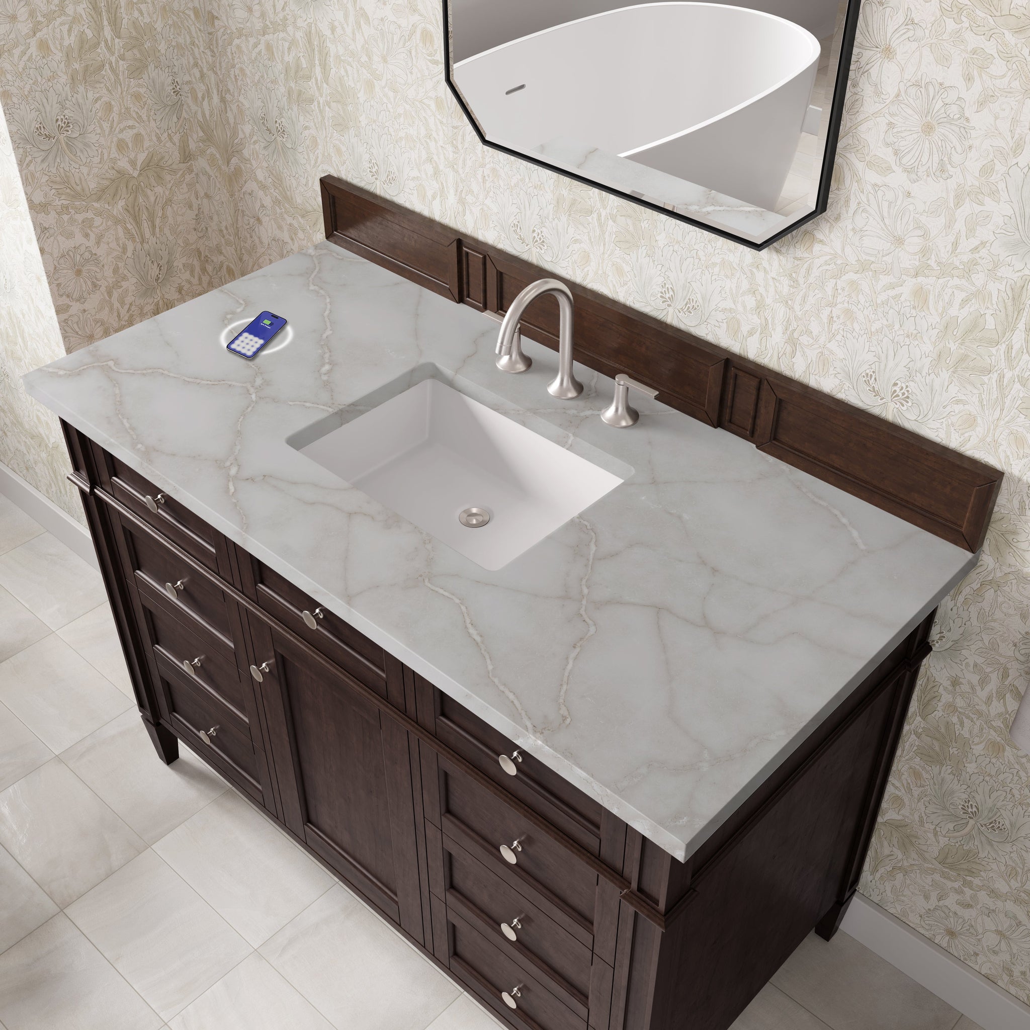 James Martin Brittany 48" Single Bathroom Vanity, Burnished Mahogany with Victorian Silver (FreePower) countertop