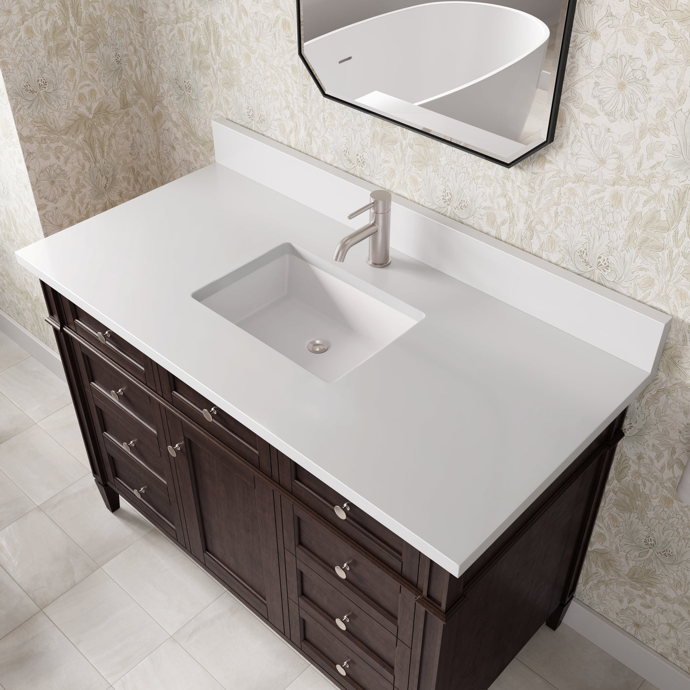James Martin Brittany 48" Single Bathroom Vanity, Burnished Mahogany with White Zeus (Single Hole, with Backsplash) countertop