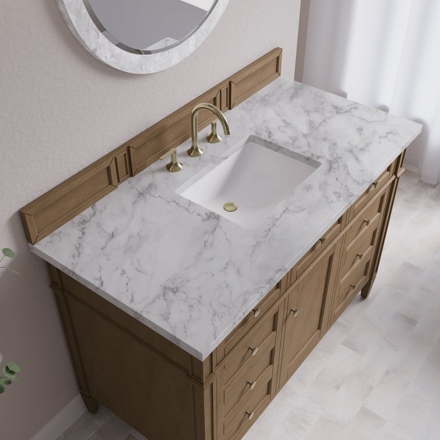James Martin Brittany 48" Single Bathroom Vanity, Pecan with Carrara White countertop