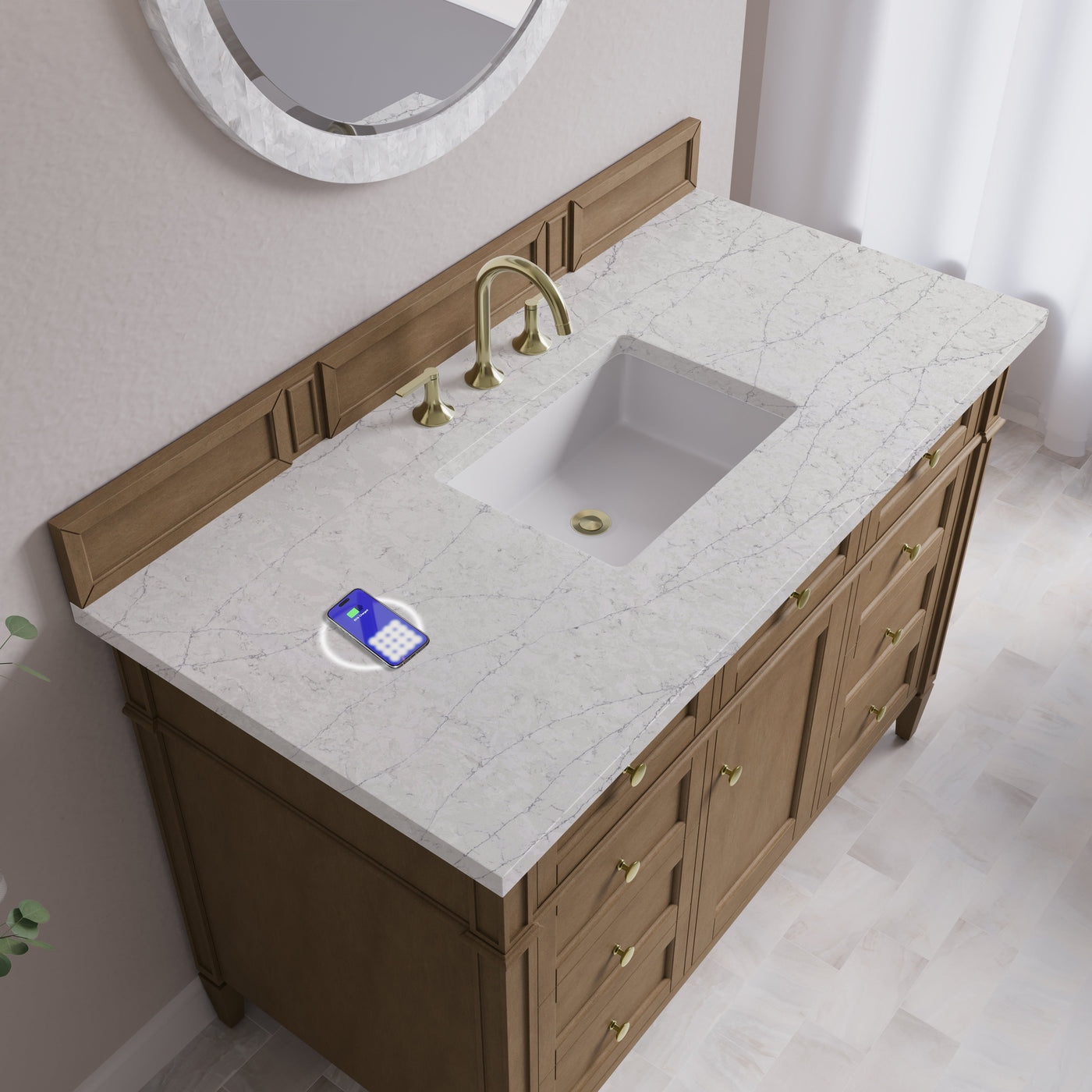 James Martin Brittany 48" Single Bathroom Vanity, Pecan with Eternal Jasmine Pearl (FreePower) countertop