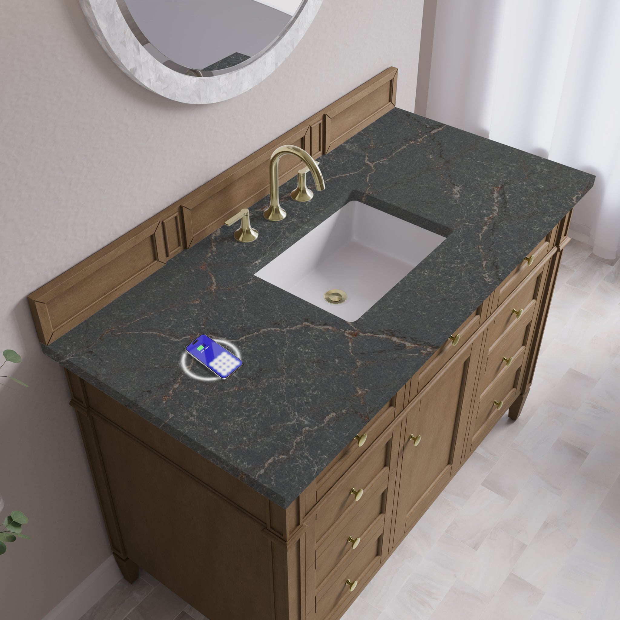 James Martin Brittany 48" Single Bathroom Vanity, Pecan with Parisien Bleu (FreePower) countertop