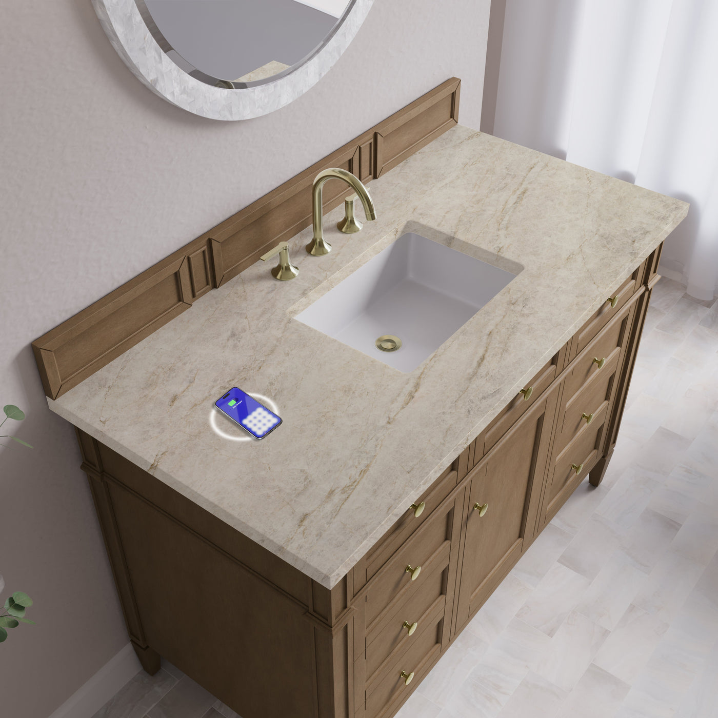 James Martin Brittany 48" Single Bathroom Vanity, Pecan with Tajnar (FreePower) countertop