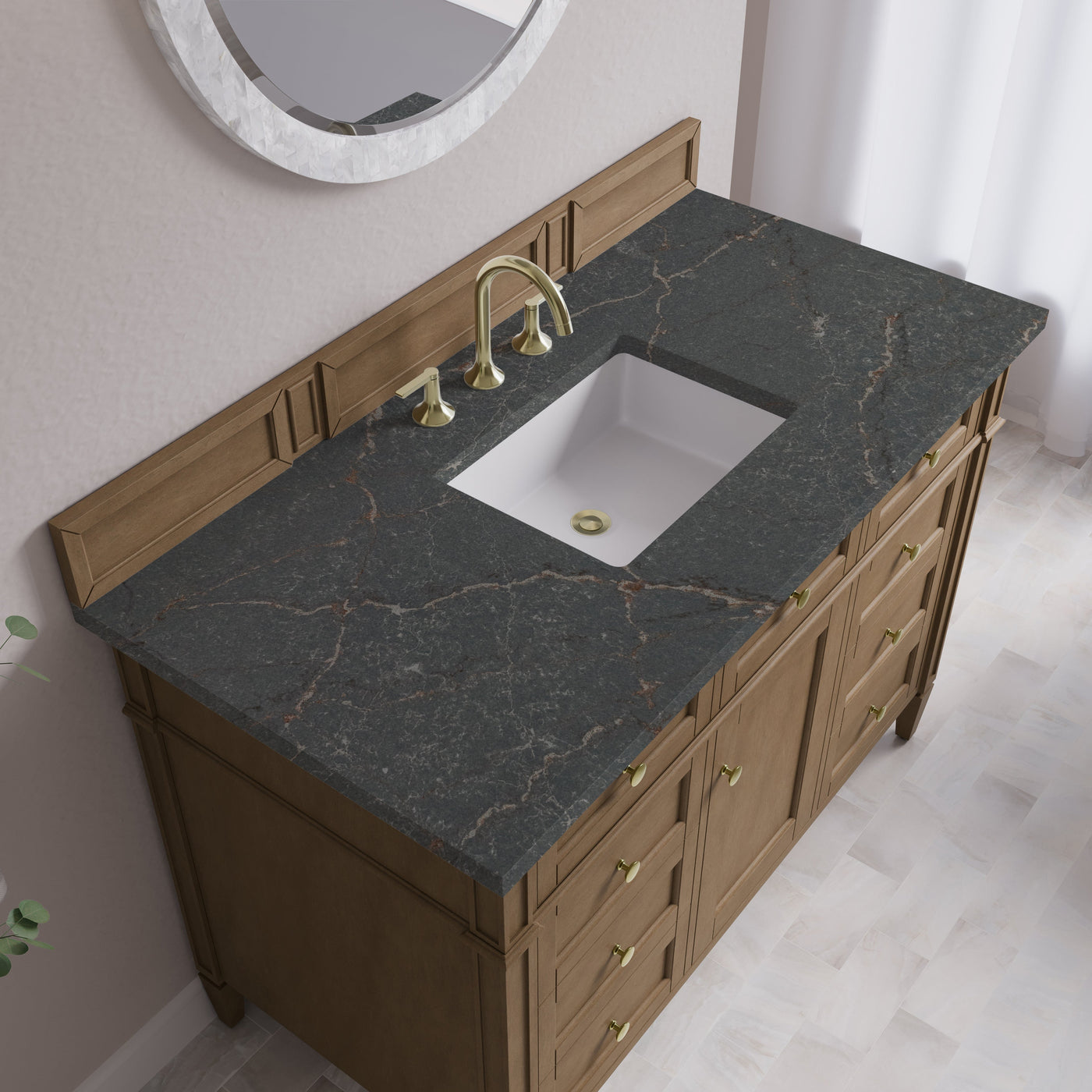James Martin Brittany 48" Single Bathroom Vanity, Pecan with Parisien Bleu countertop
