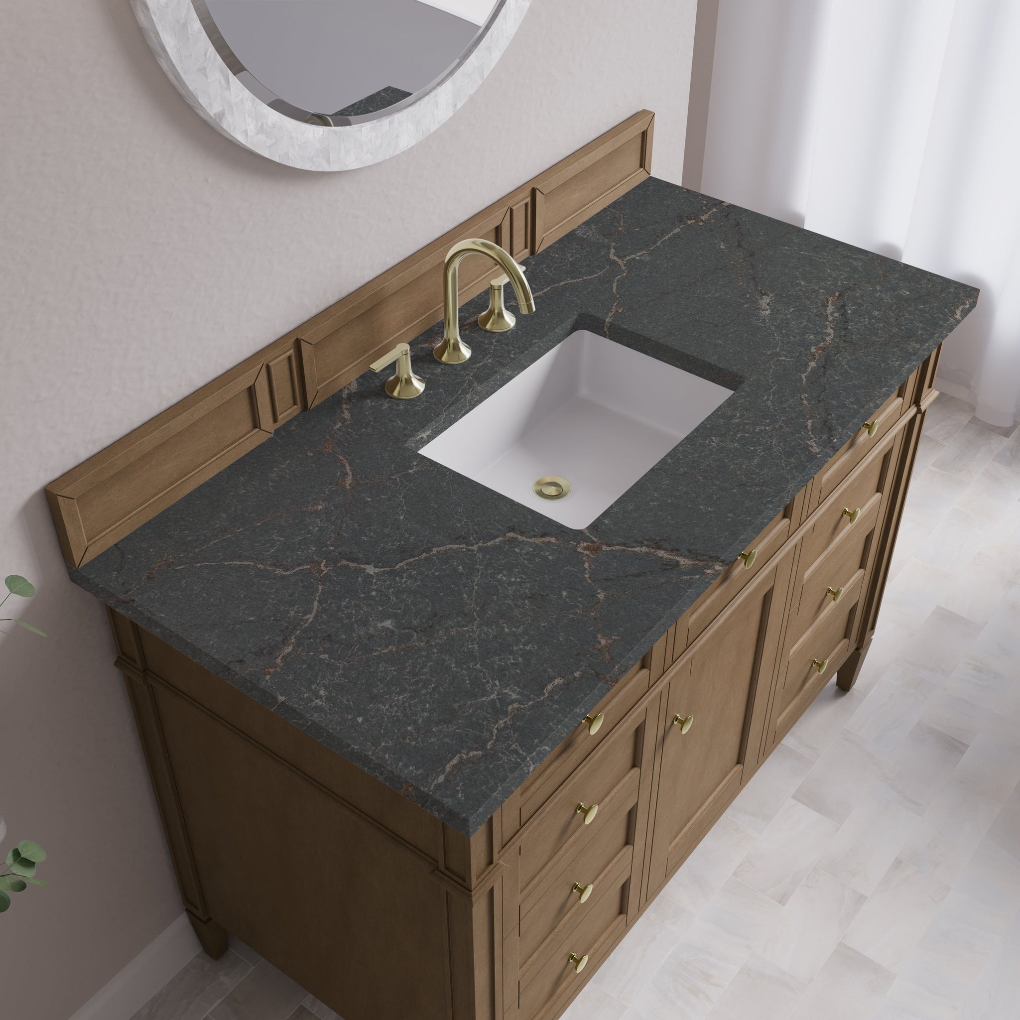 James Martin Brittany 48" Single Bathroom Vanity, Pecan with Parisien Bleu countertop