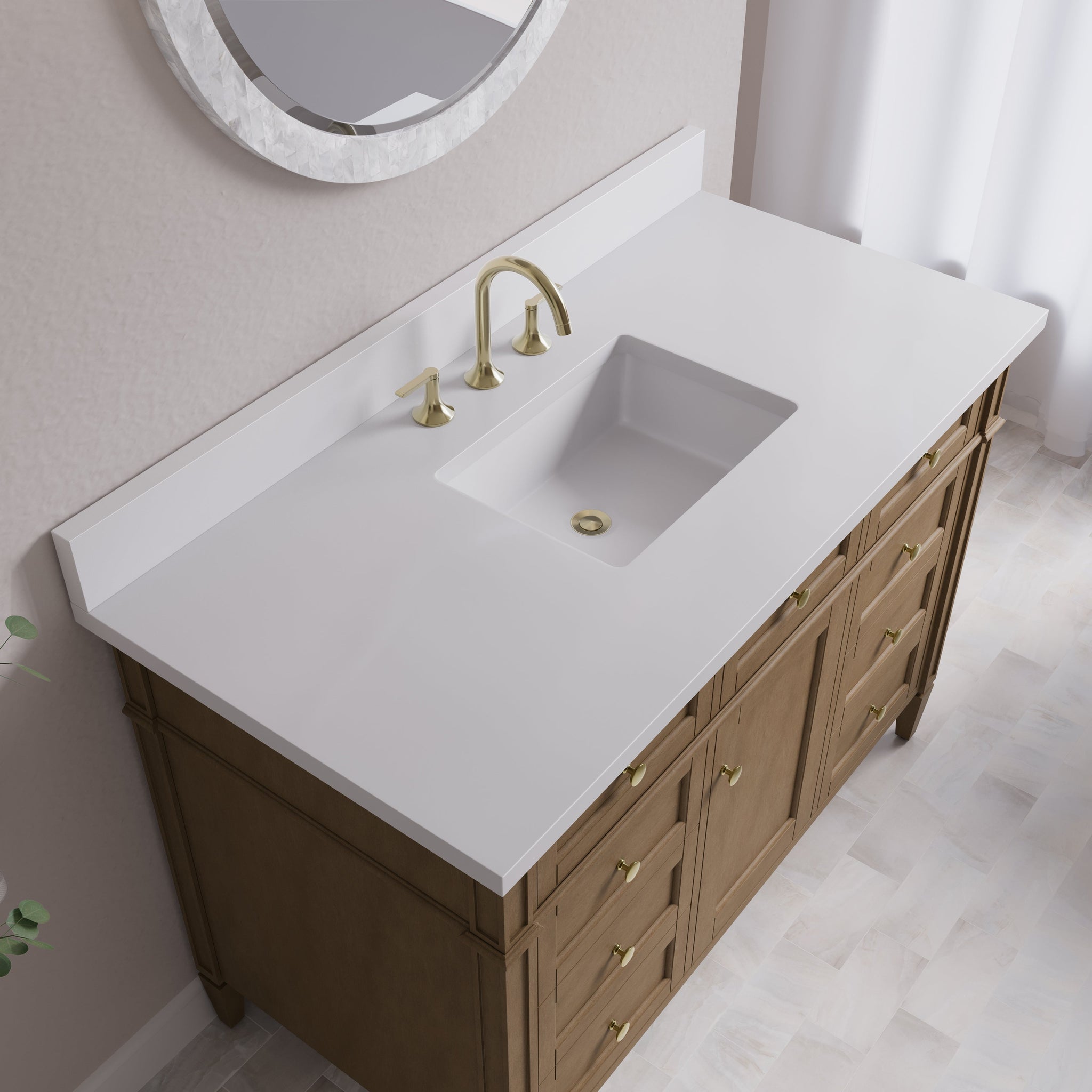 James Martin Brittany 48" Single Bathroom Vanity, Pecan with White Zeus (Single Hole) countertop