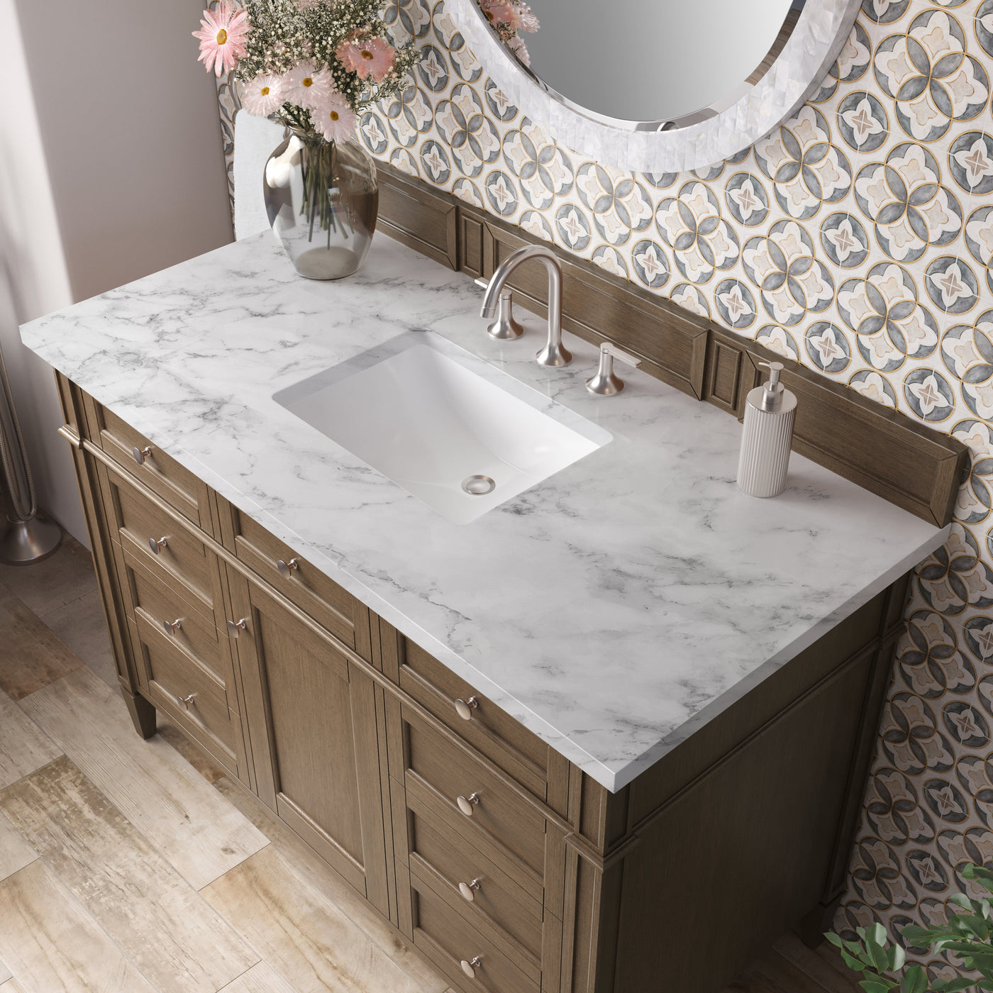 James Martin Brittany 48" Single Bathroom Vanity, Saddle Brown with Carrara White countertop