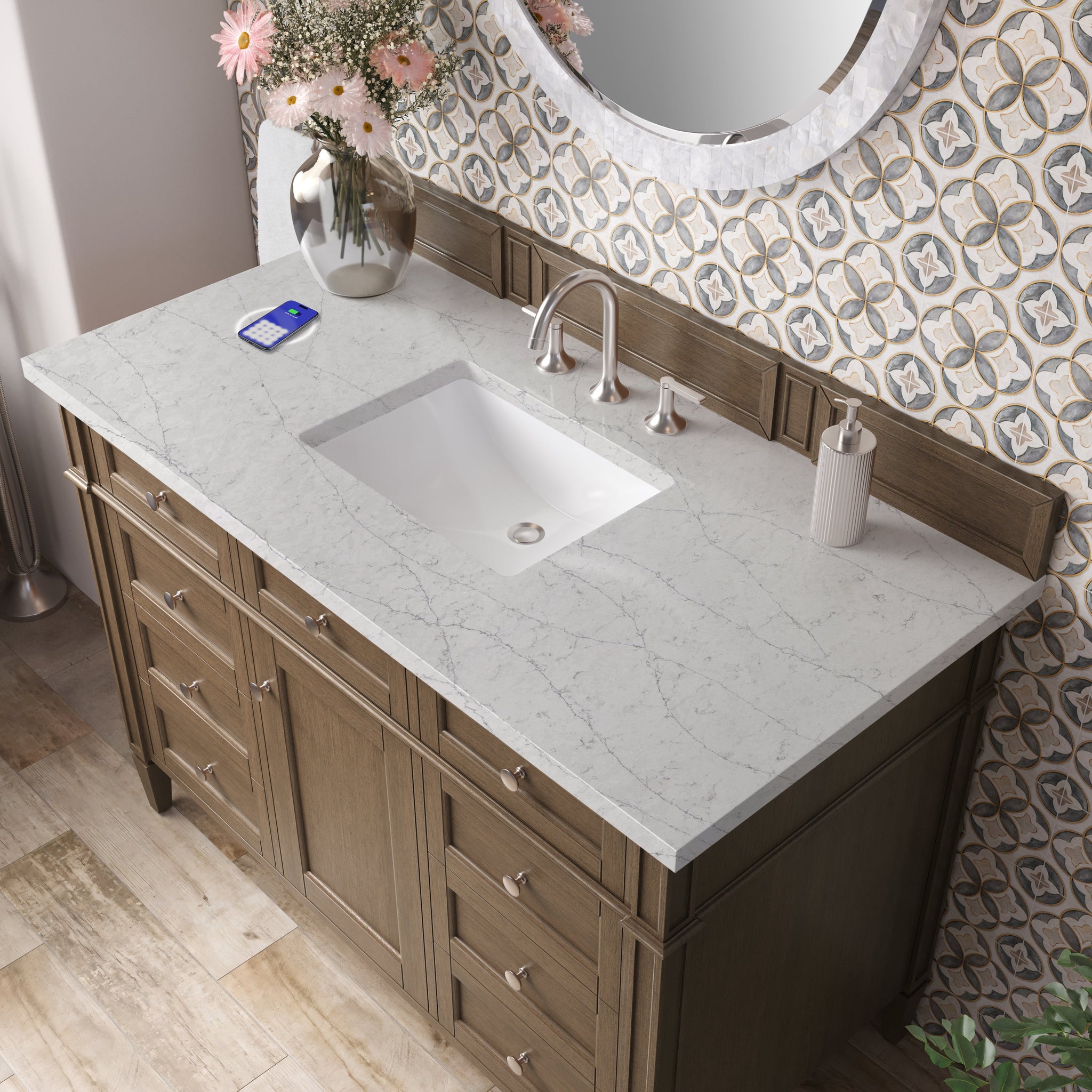 James Martin Brittany 48" Single Bathroom Vanity, Saddle Brown with Eternal Jasmine Pearl (FreePower) countertop
