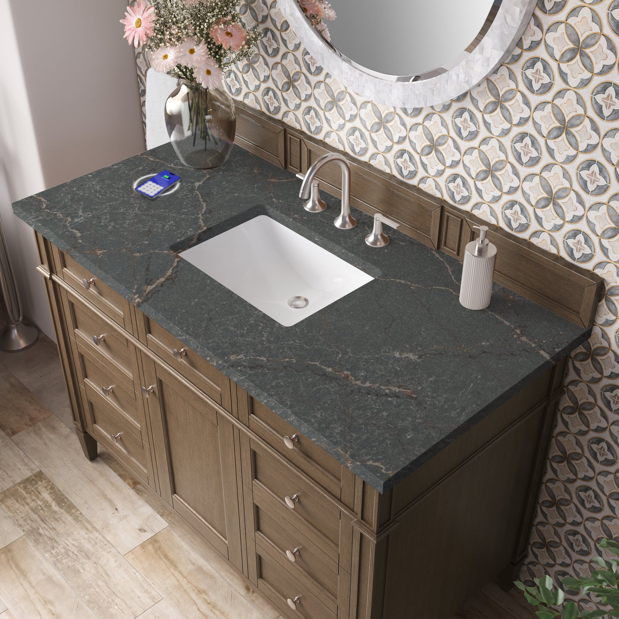 James Martin Brittany 48" Single Bathroom Vanity, Saddle Brown with Parisien Bleu (FreePower) countertop