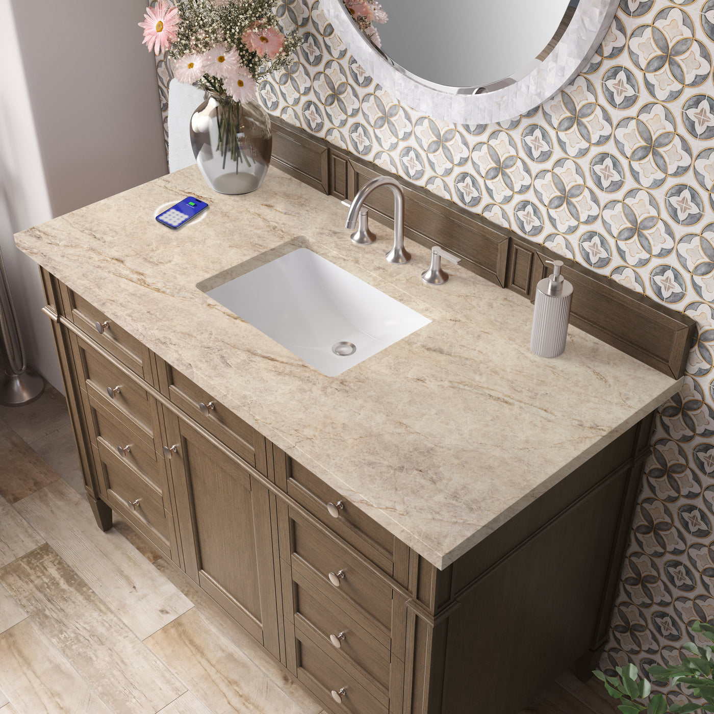 James Martin Brittany 48" Single Bathroom Vanity, Saddle Brown with Tajnar (FreePower) countertop