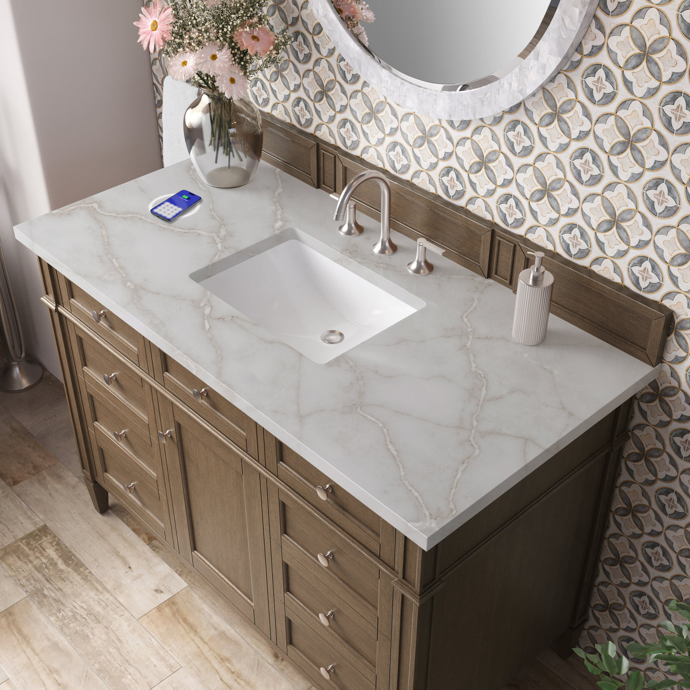 James Martin Brittany 48" Single Bathroom Vanity, Saddle Brown with Victorian Silver (FreePower) countertop