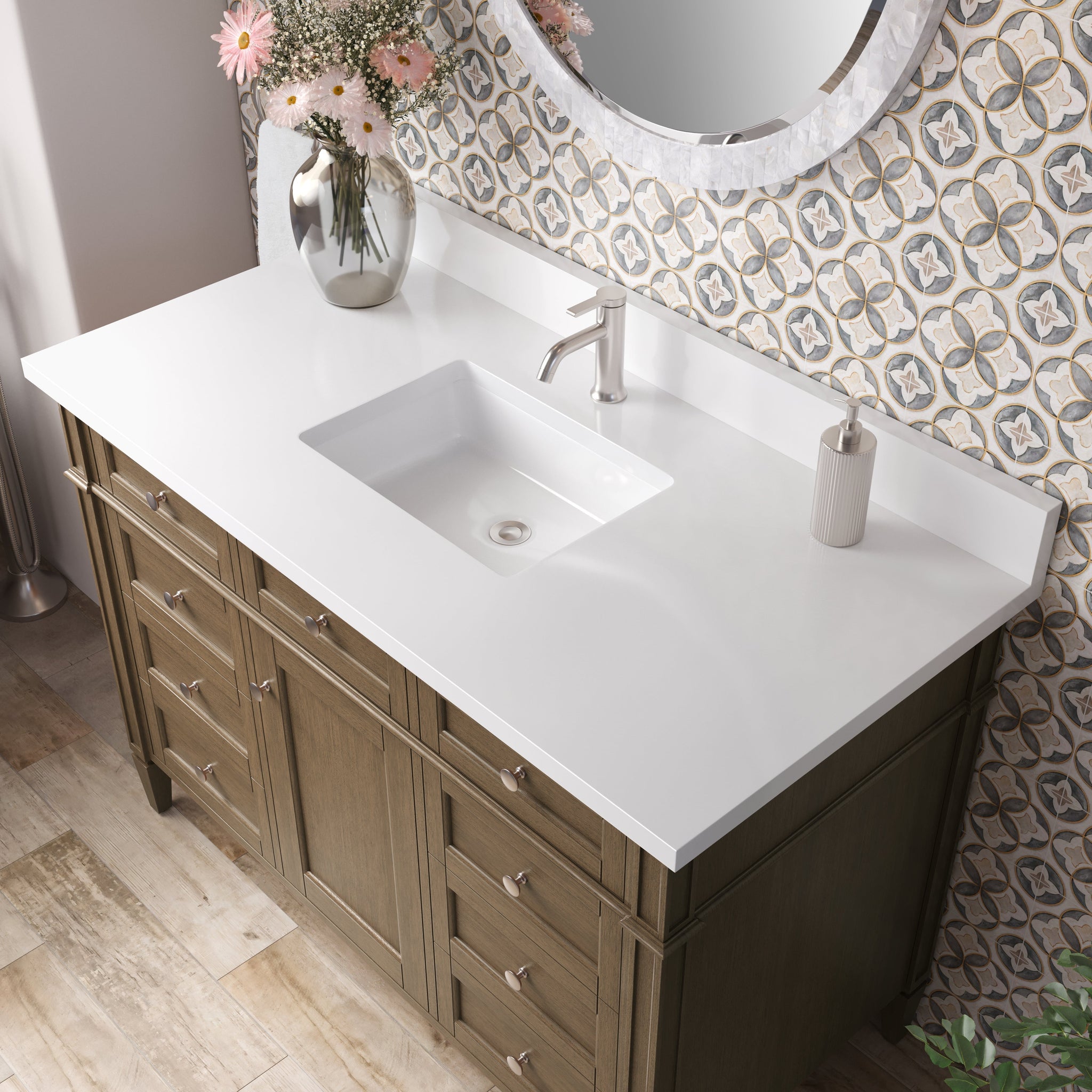 James Martin Brittany 48" Single Bathroom Vanity, Saddle Brown with White Zeus (Single Hole, with Backsplash) countertop