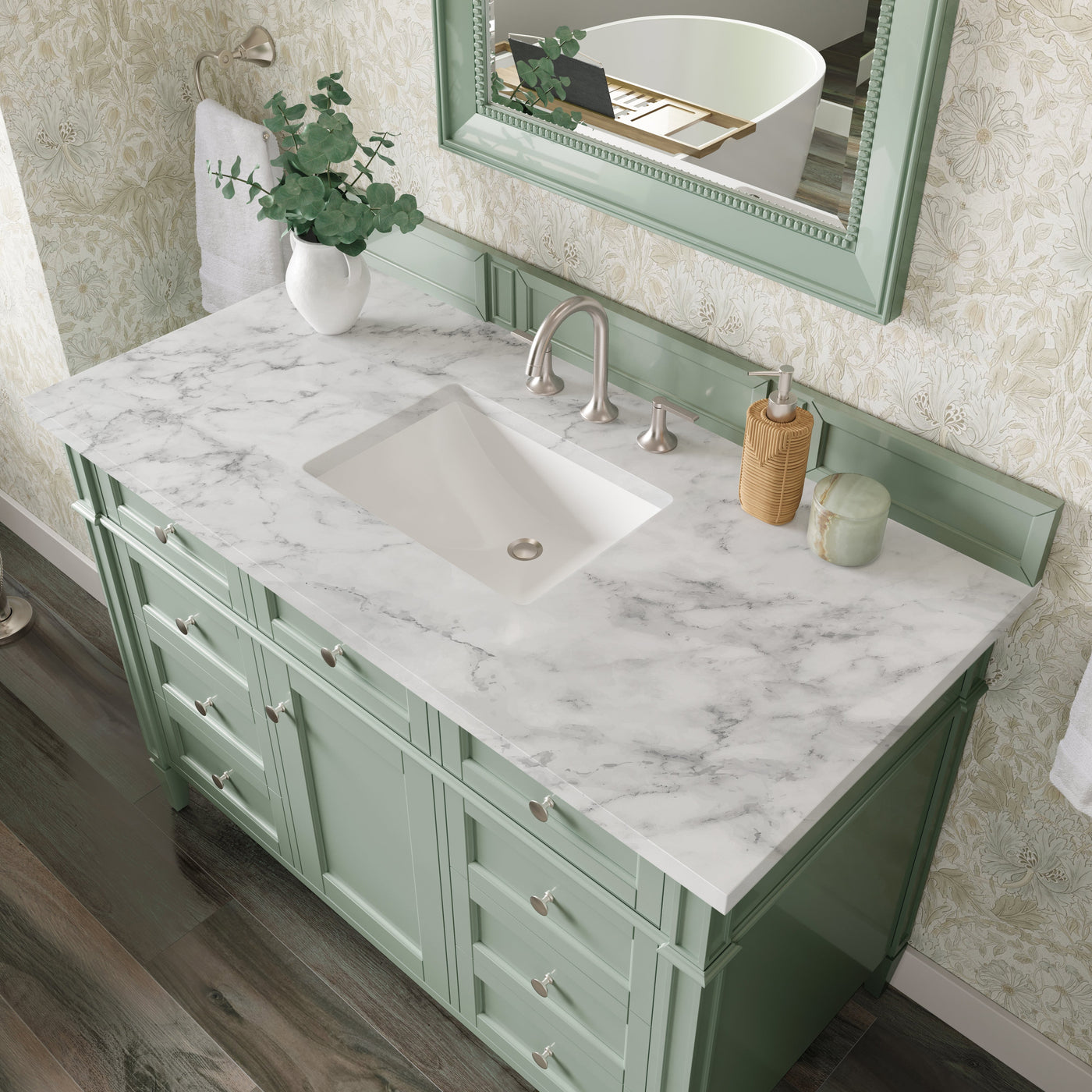 James Martin Brittany 48" Single Bathroom Vanity, Sage Green with Carrara White countertop