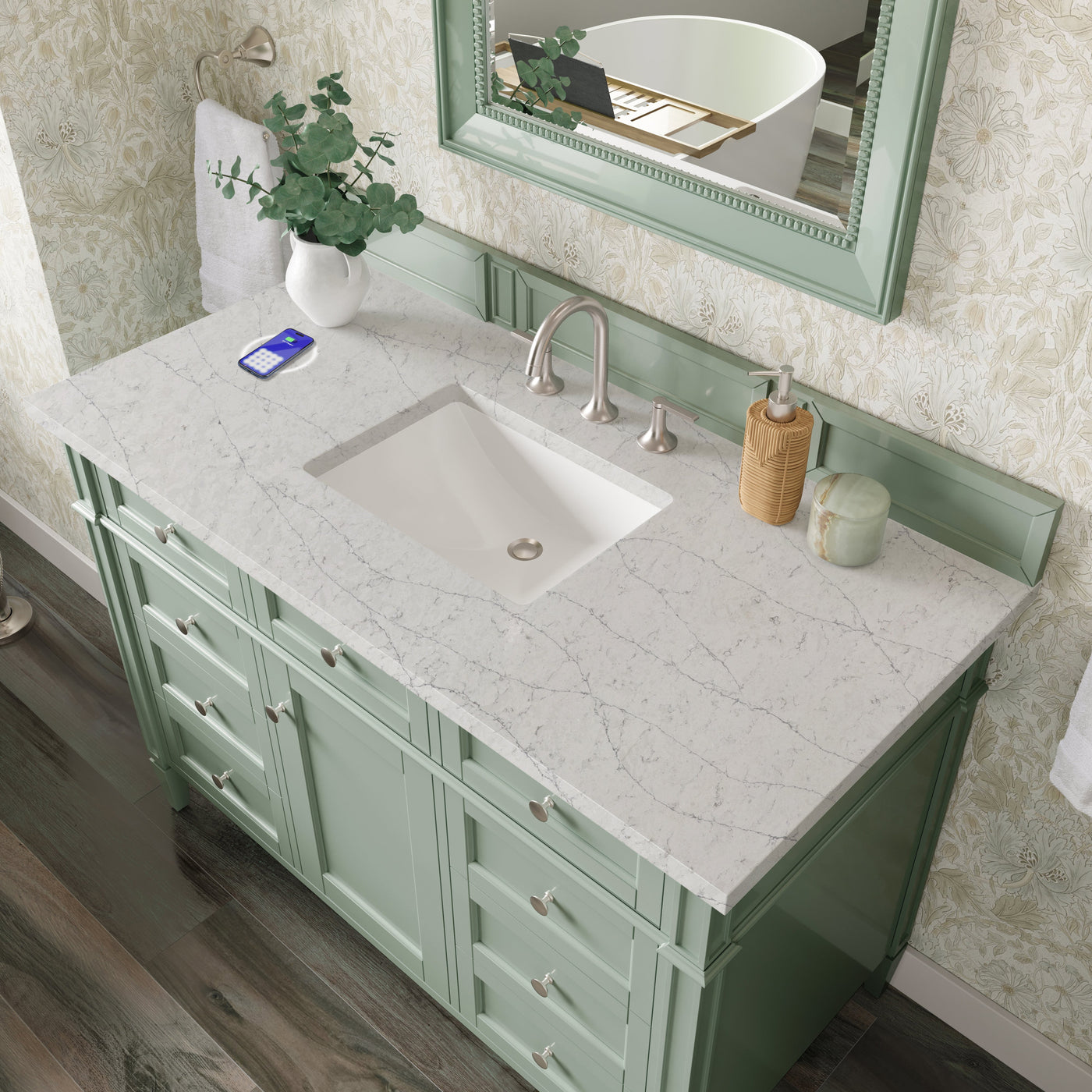 James Martin Brittany 48" Single Bathroom Vanity, Sage Green with Eternal Jasmine Pearl (FreePower) countertop