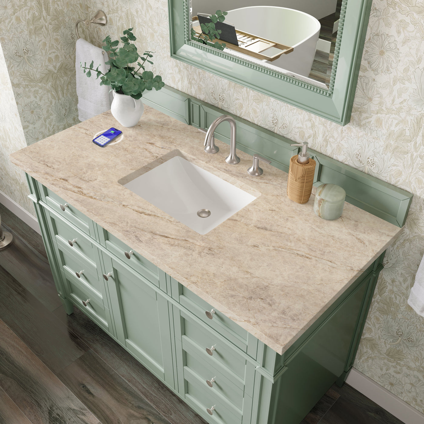James Martin Brittany 48" Single Bathroom Vanity, Sage Green with Tajnar (FreePower) countertop