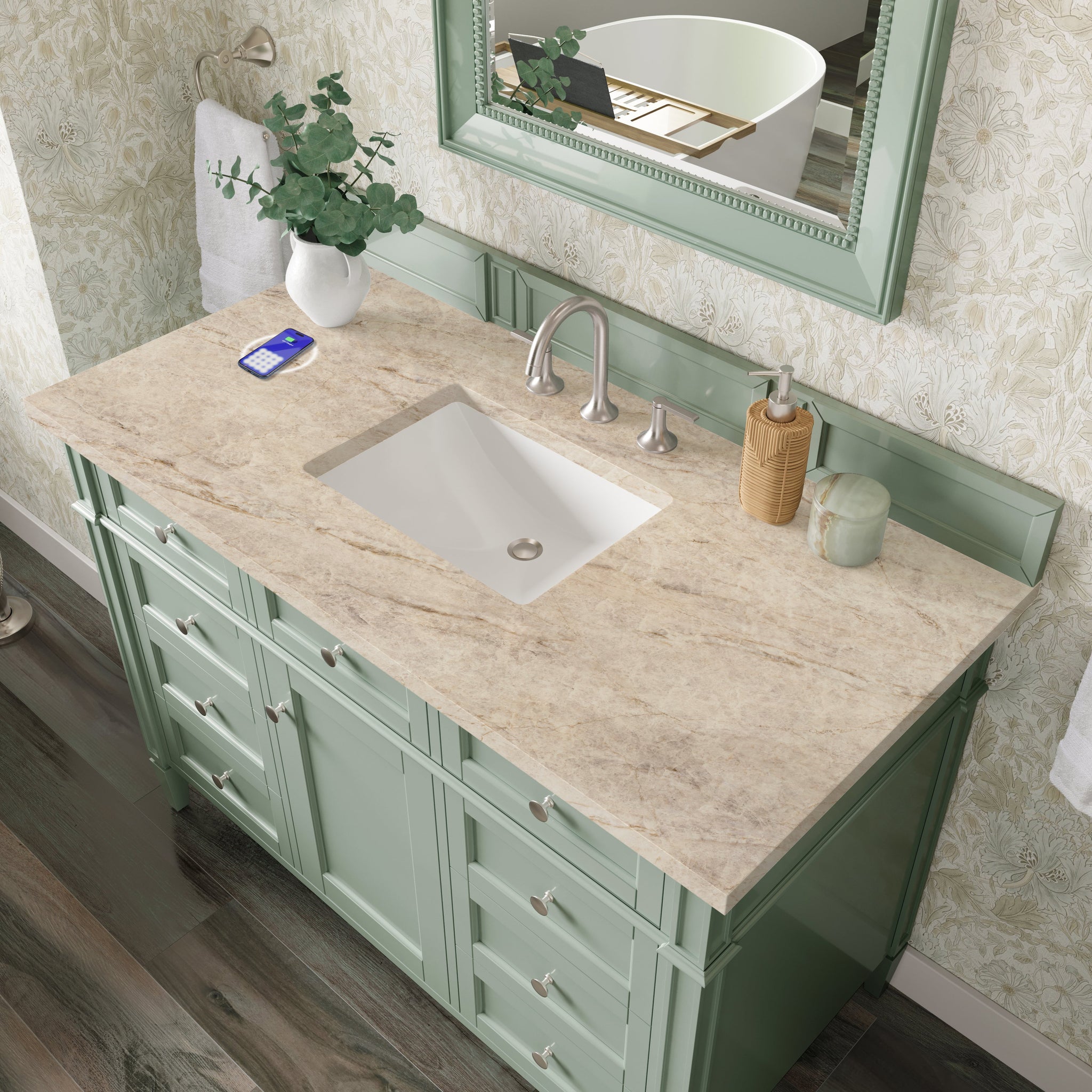 James Martin Brittany 48" Single Bathroom Vanity, Sage Green with Tajnar (FreePower) countertop