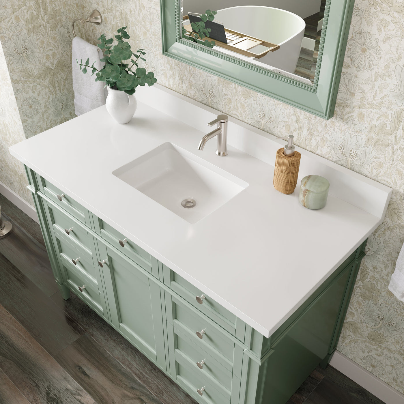 James Martin Brittany 48" Single Bathroom Vanity, Sage Green with White Zeus (Single Hole, with Backsplash) countertop