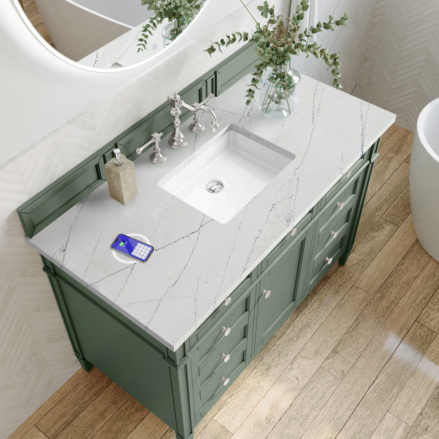 James Martin Brittany 48" Single Bathroom Vanity, Smokey Celadon with Ethereal Noctis (FreePower) countertop
