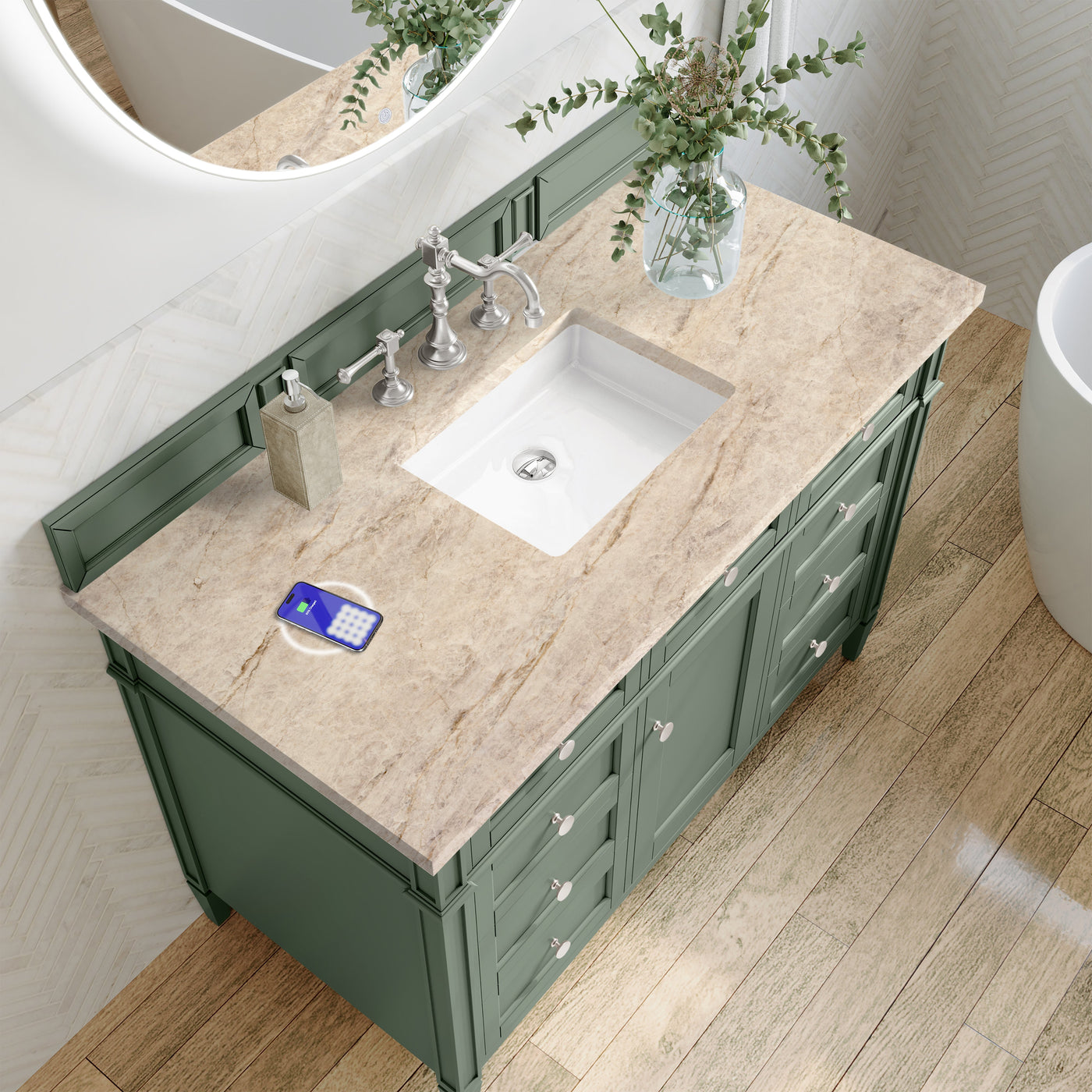 James Martin Brittany 48" Single Bathroom Vanity, Smokey Celadon with Tajnar (FreePower) countertop