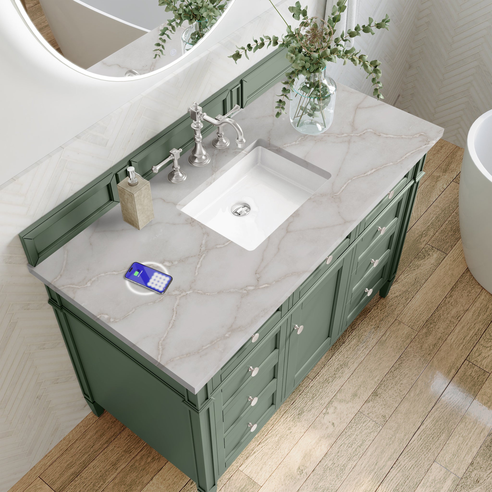 James Martin Brittany 48" Single Bathroom Vanity, Smokey Celadon with Victorian Silver (FreePower) countertop