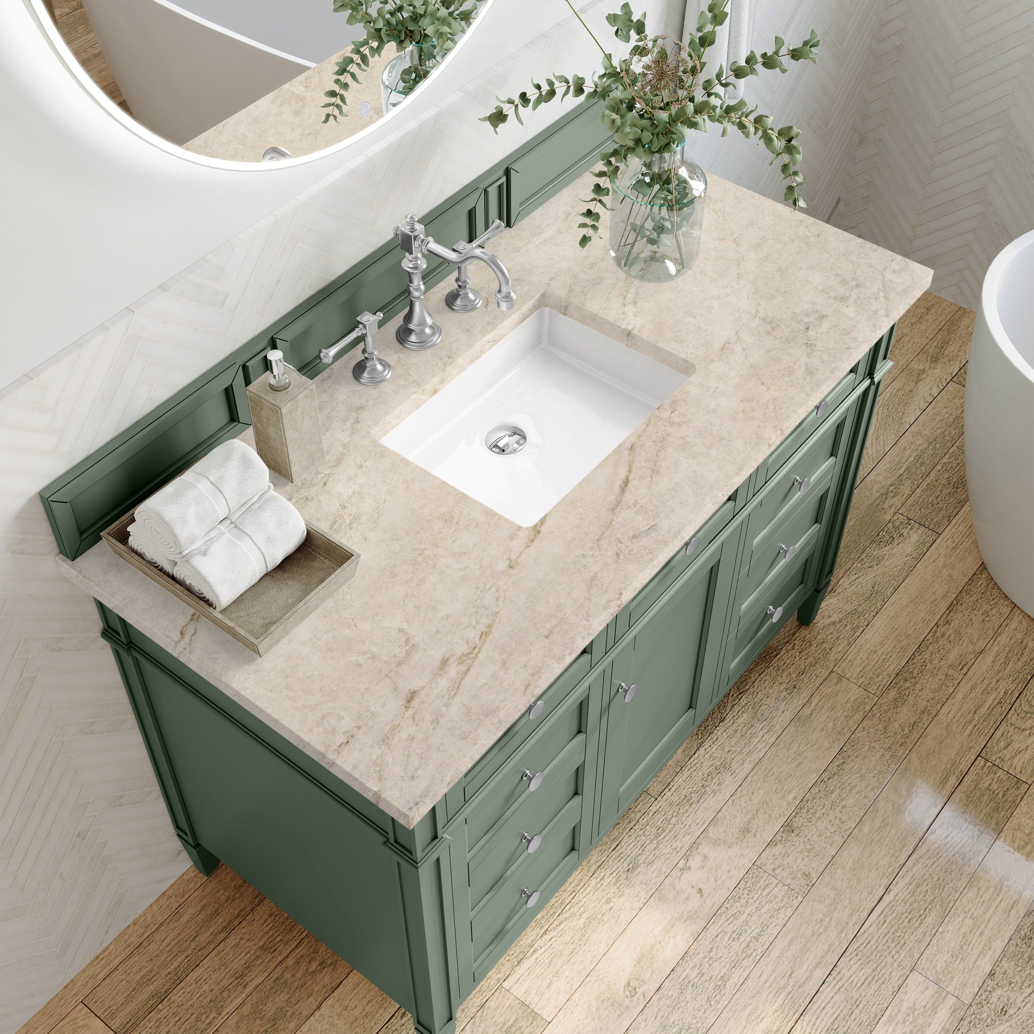 James Martin Brittany 48" Single Bathroom Vanity, Smokey Celadon with Tajnar countertop