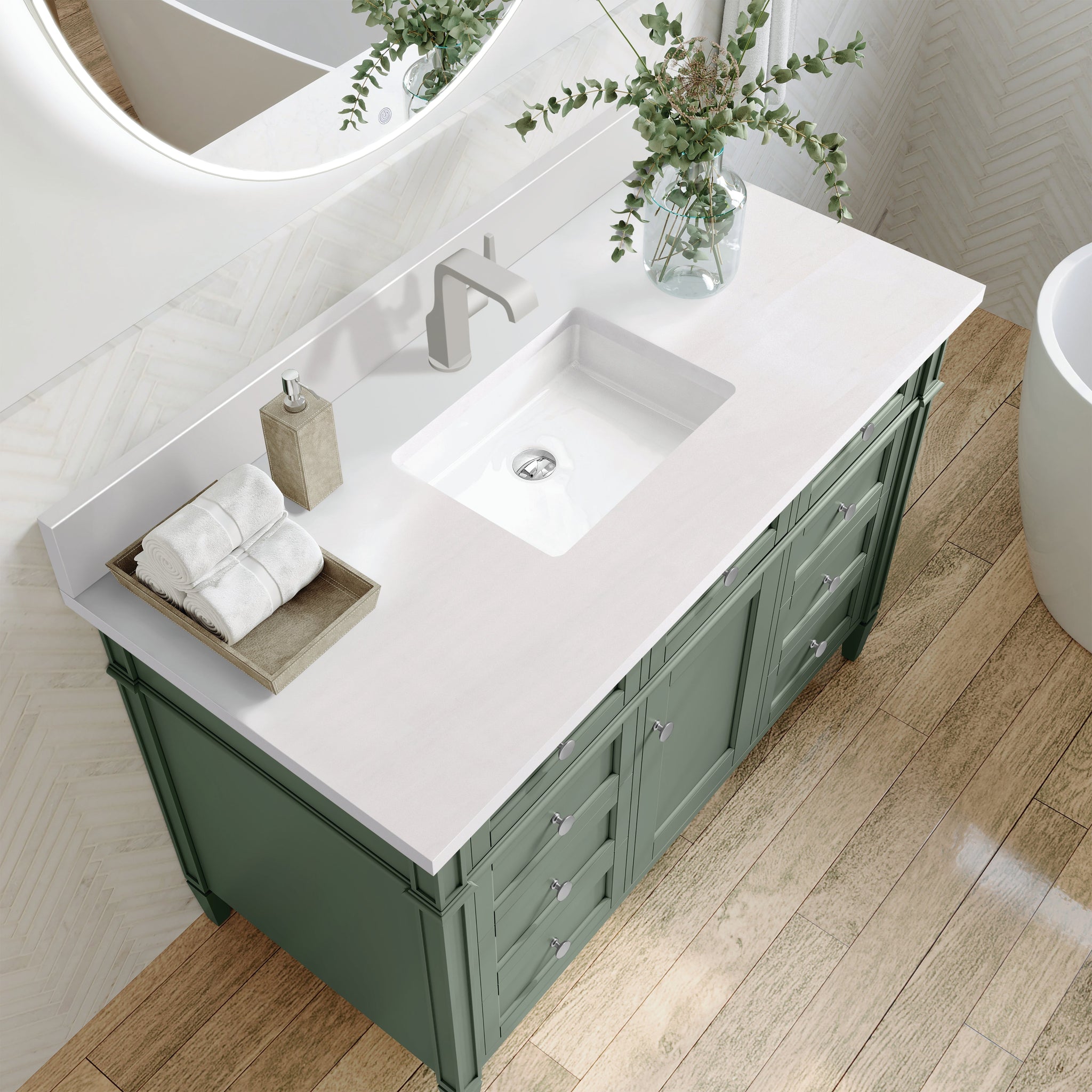 James Martin Brittany 48" Single Bathroom Vanity, Smokey Celadon with White Zeus (Single Hole, with Backsplash) countertop