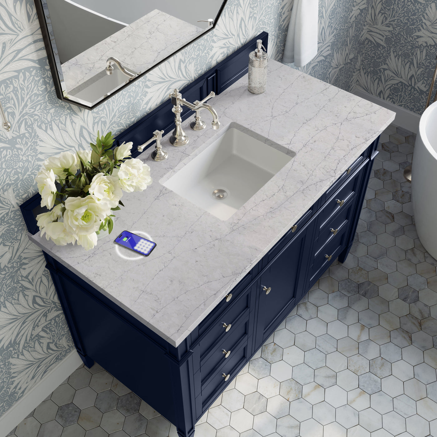 James Martin Brittany 48" Single Bathroom Vanity, Victory Blue with Eternal Jasmine Pearl (FreePower) countertop
