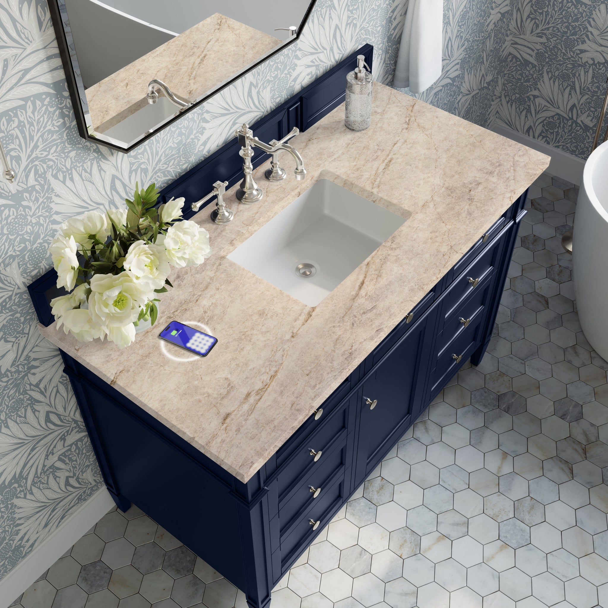 James Martin Brittany 48" Single Bathroom Vanity, Victory Blue with Tajnar (FreePower) countertop