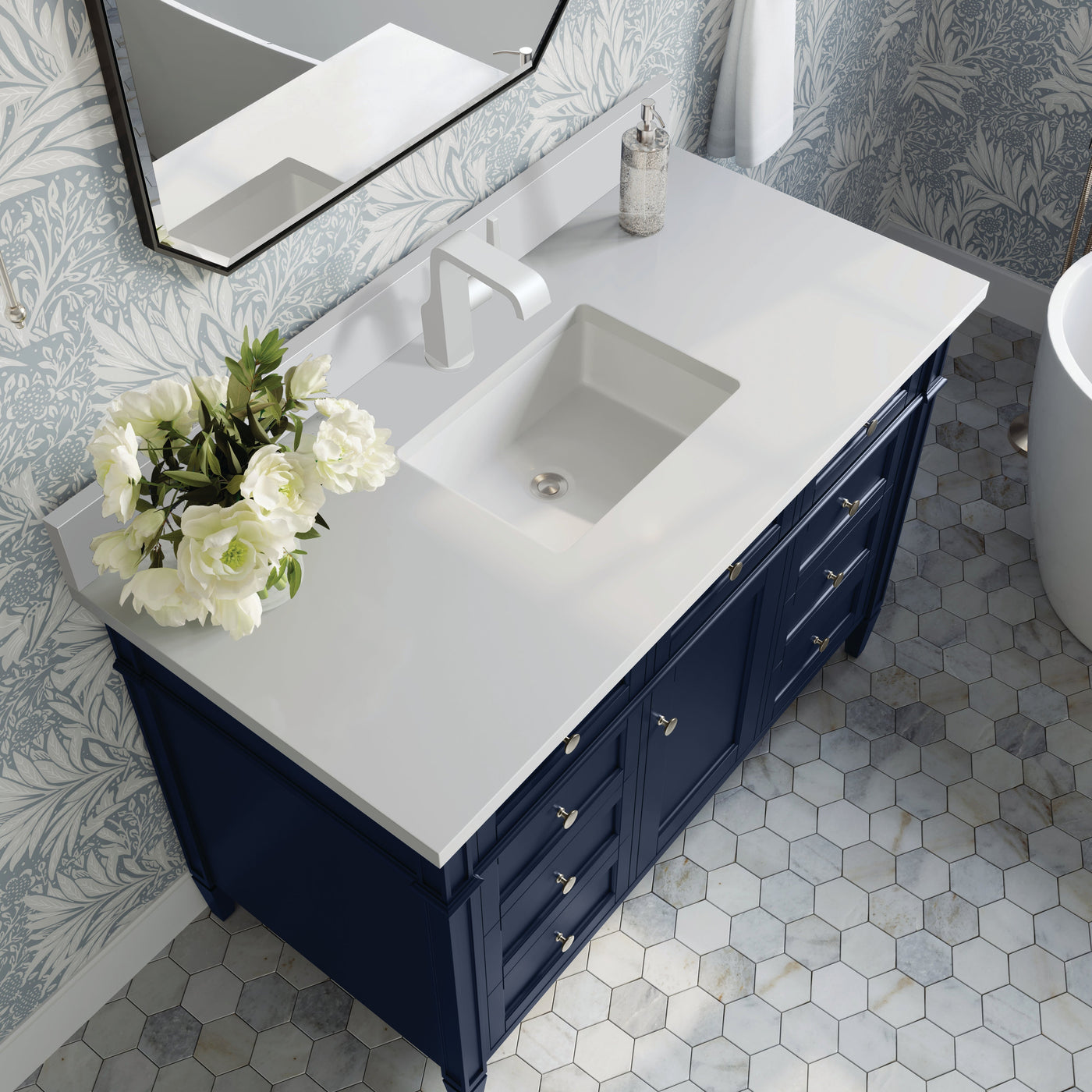 James Martin Brittany 48" Single Bathroom Vanity, Victory Blue with White Zeus (Single Hole, with Backsplash) countertop