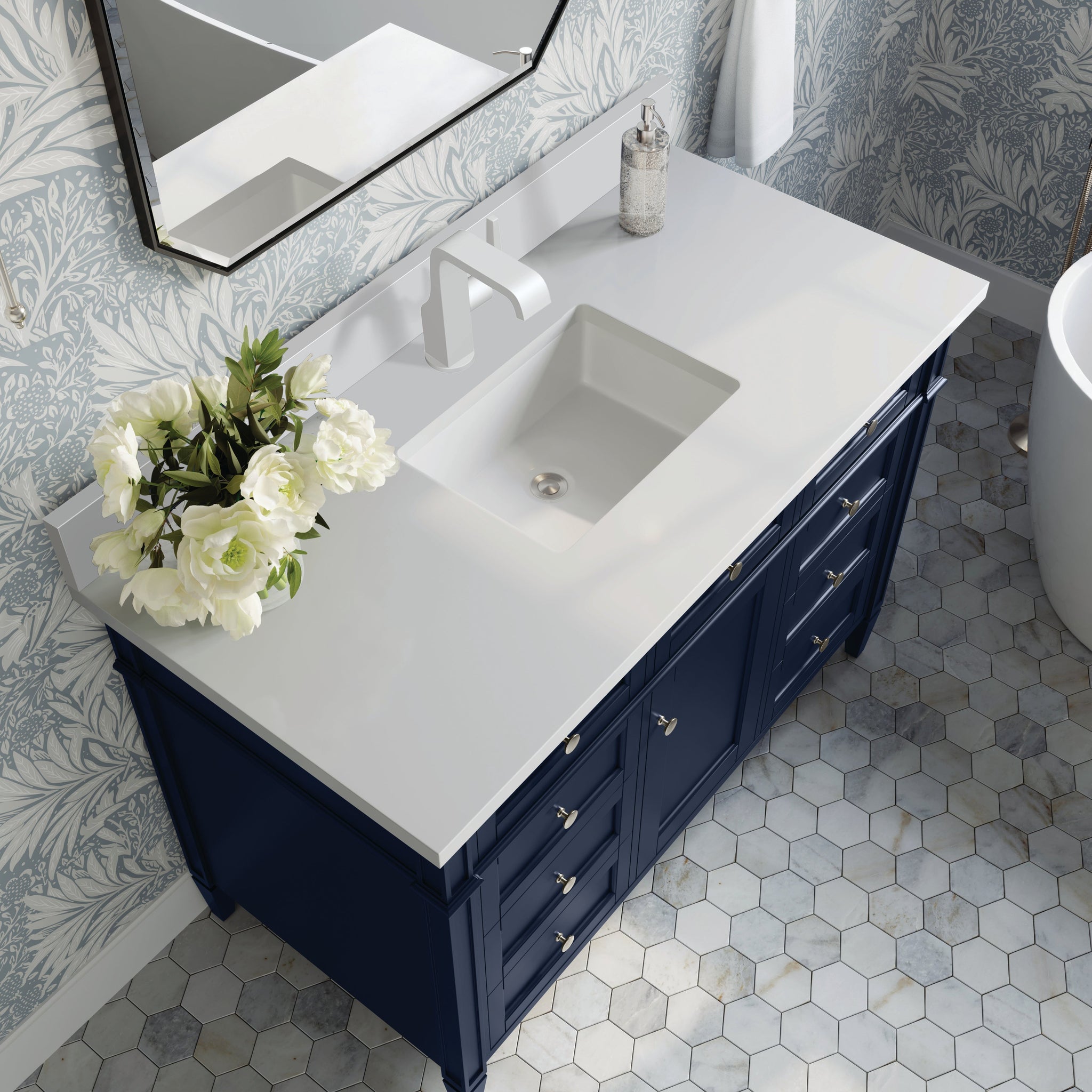 James Martin Brittany 48" Single Bathroom Vanity, Victory Blue with White Zeus (Single Hole, with Backsplash) countertop