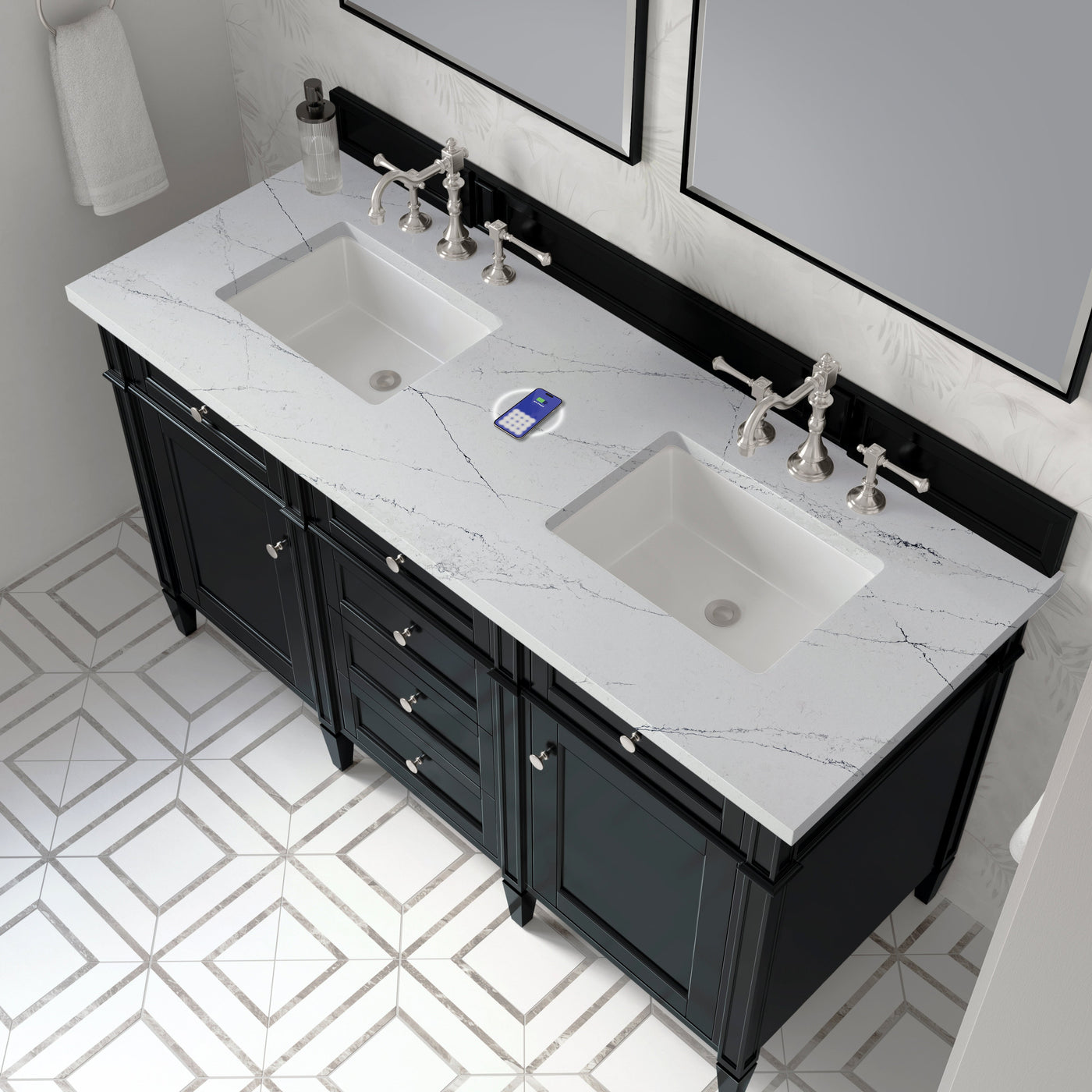 James Martin Brittany 60" Double Bathroom Vanity, Black Onyx with Ethereal Noctis (FreePower) countertop