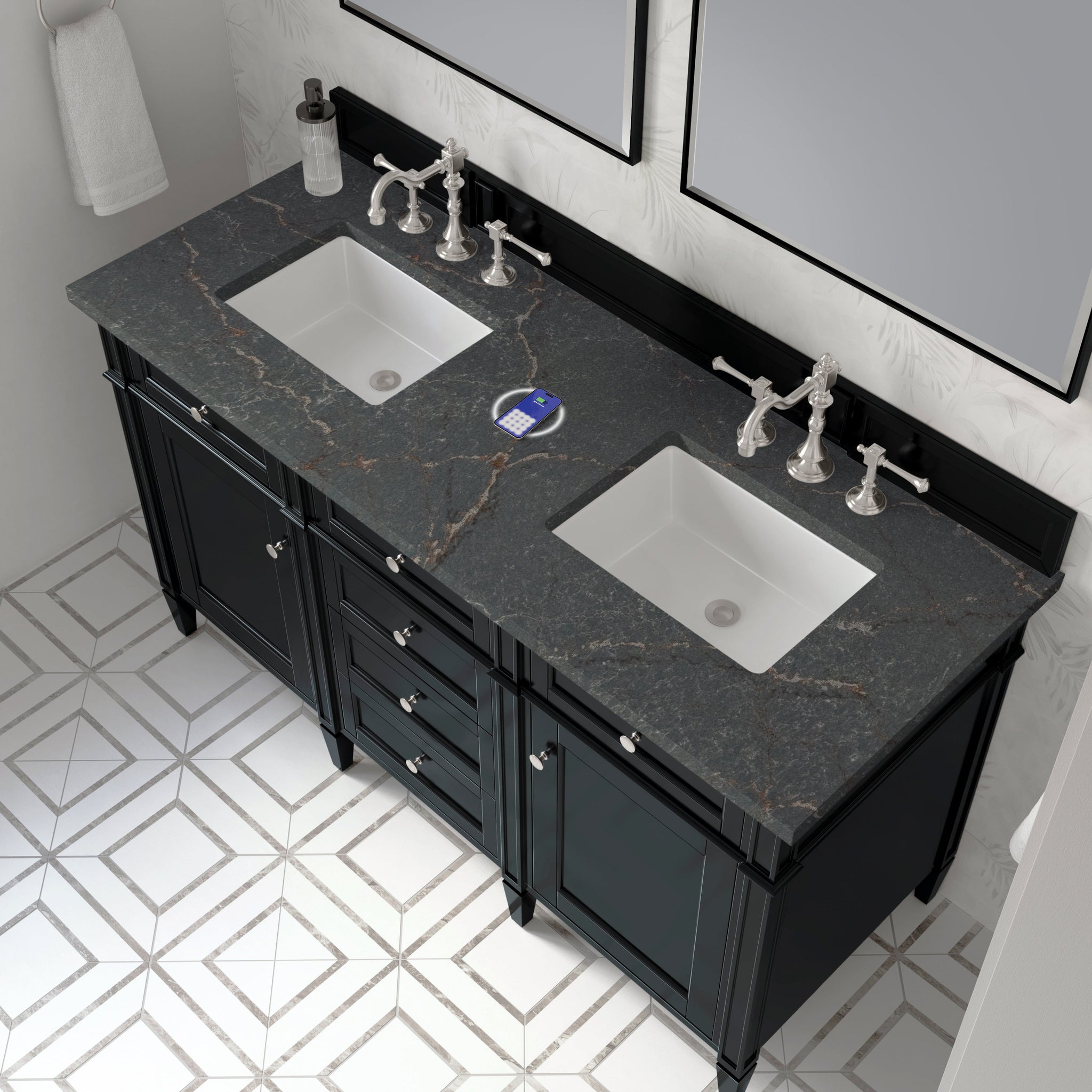James Martin Brittany 60" Double Bathroom Vanity, Black Onyx with Parisien Bleu (FreePower) countertop