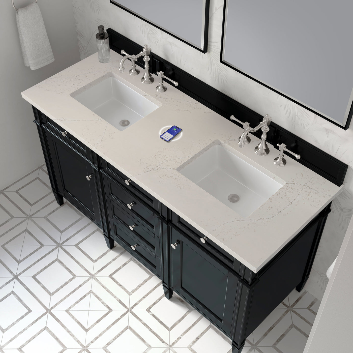 James Martin Brittany 60" Double Bathroom Vanity, Black Onyx with Siberian (FreePower) countertop