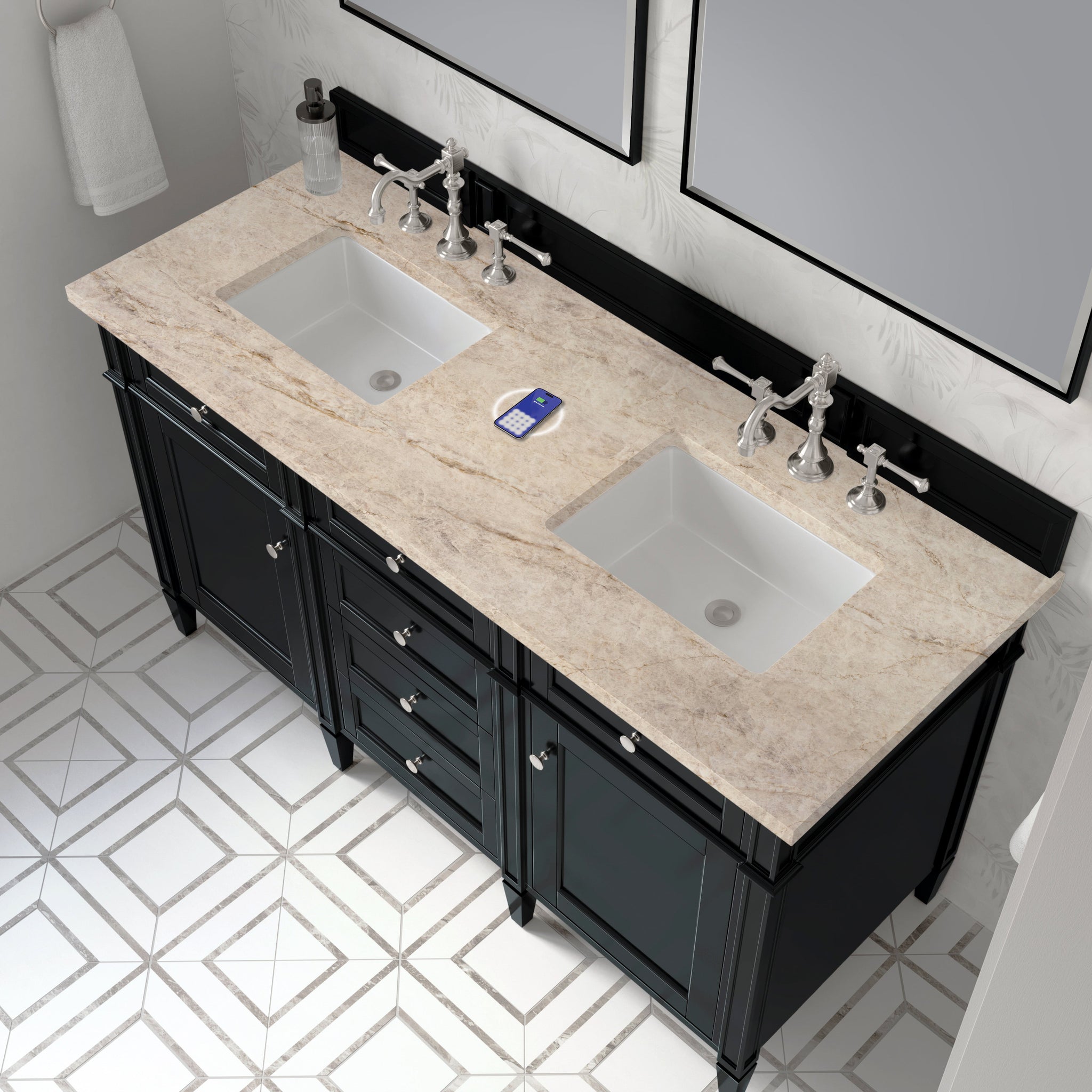 James Martin Brittany 60" Double Bathroom Vanity, Black Onyx with Tajnar (FreePower) countertop