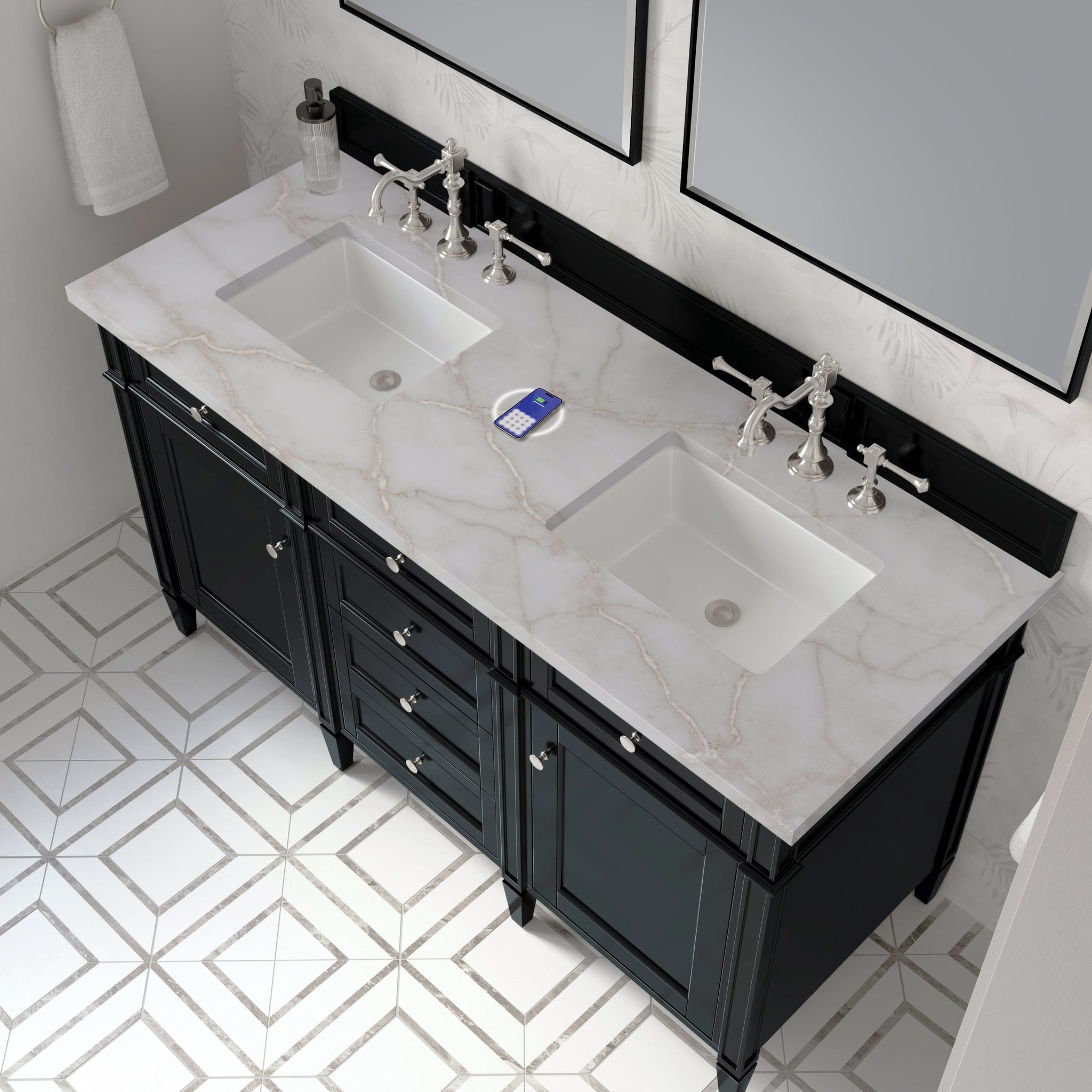 James Martin Brittany 60" Double Bathroom Vanity, Black Onyx with Victorian Silver (FreePower) countertop